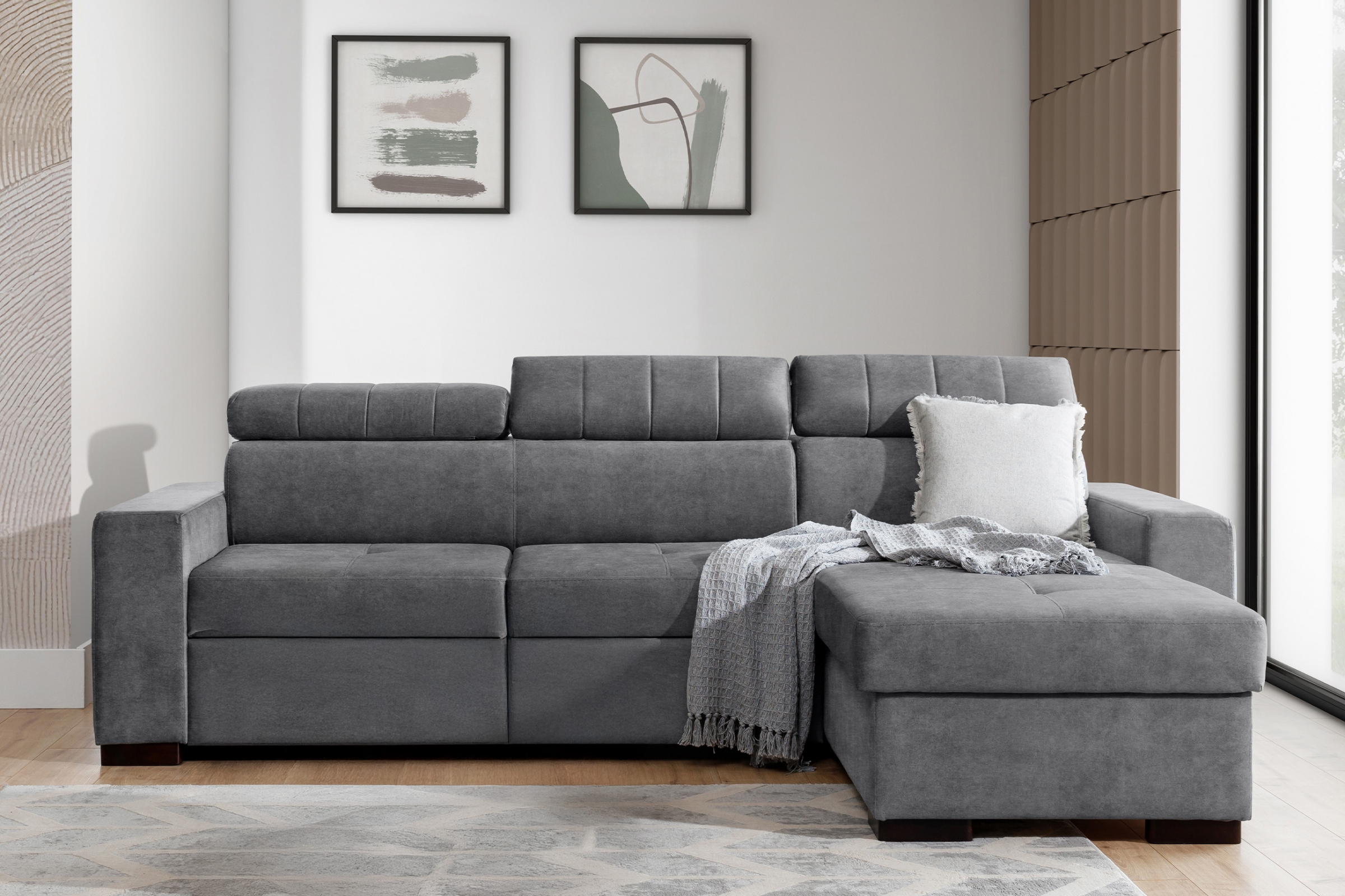 Rozkládací rohová sedací souprava Modeno Mini - šedá Zetta 304 Rohová sedací souprava rozkládací Modeno Mini uniwersalny Levá/pravý - šedá welwet latwoczyszczacy Zetta 304 