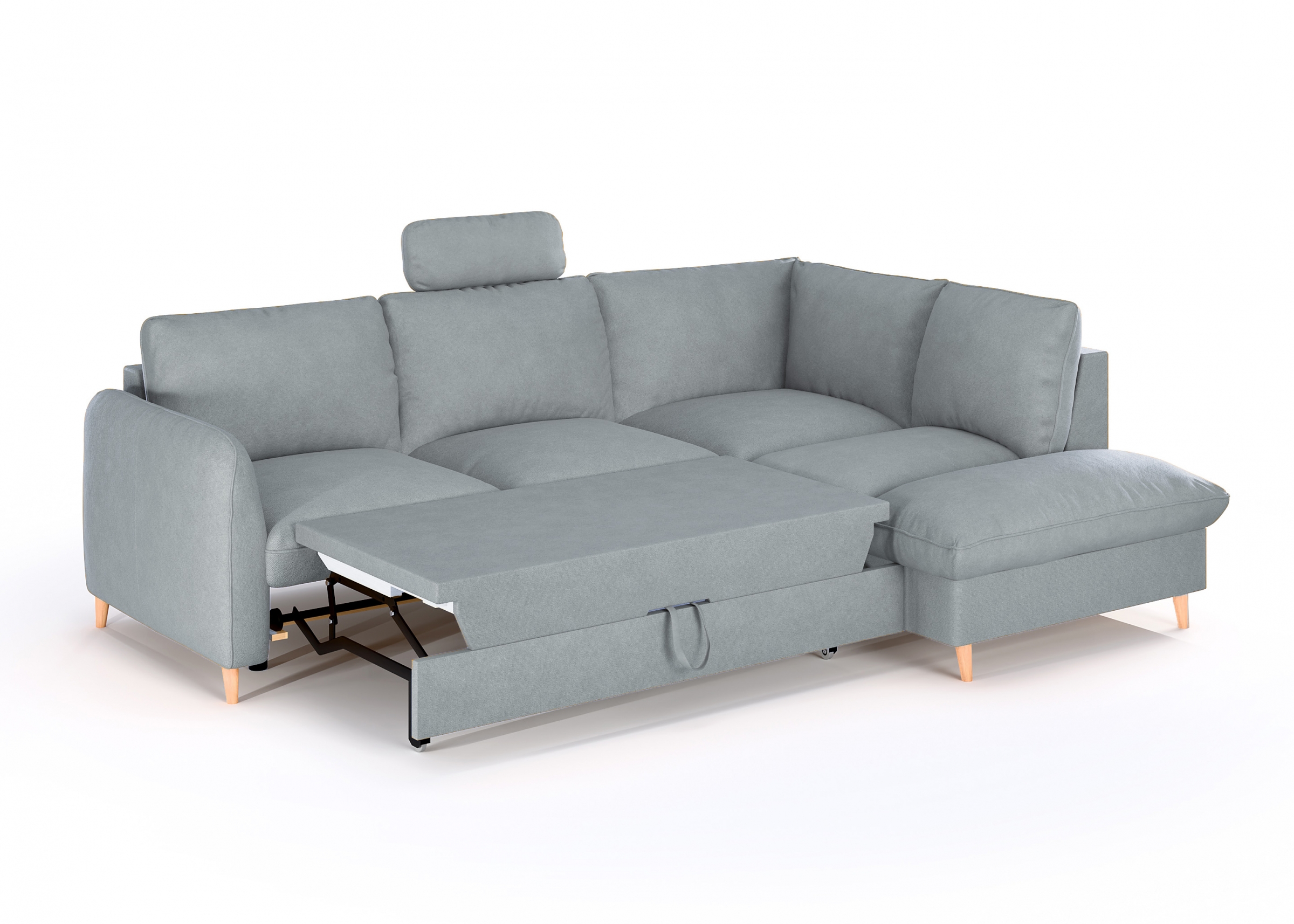 Rohová sedacia súprava Nils pravá s funkciou spania - modrá látka Zoya 07 (KR10835) / nožičky dub - Koncovka Série Rohová sedacia súprava s funkciou spánku Nils pravá strana - modrá dzianina Zoya 07 (KR 10835)/nožičky Dub - Koncovka Série