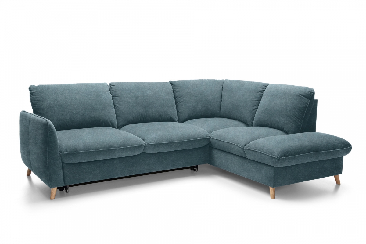 Rohová sedacia súprava Nils pravá s funkciou spania - modrá látka Zoya 07 (KR10835) / nožičky dub - Koncovka Série Rohová sedacia súprava s funkciou spánku Nils pravá strana - modrá dzianina Zoya 07 (KR 10835)/nožičky Dub - Koncovka Série