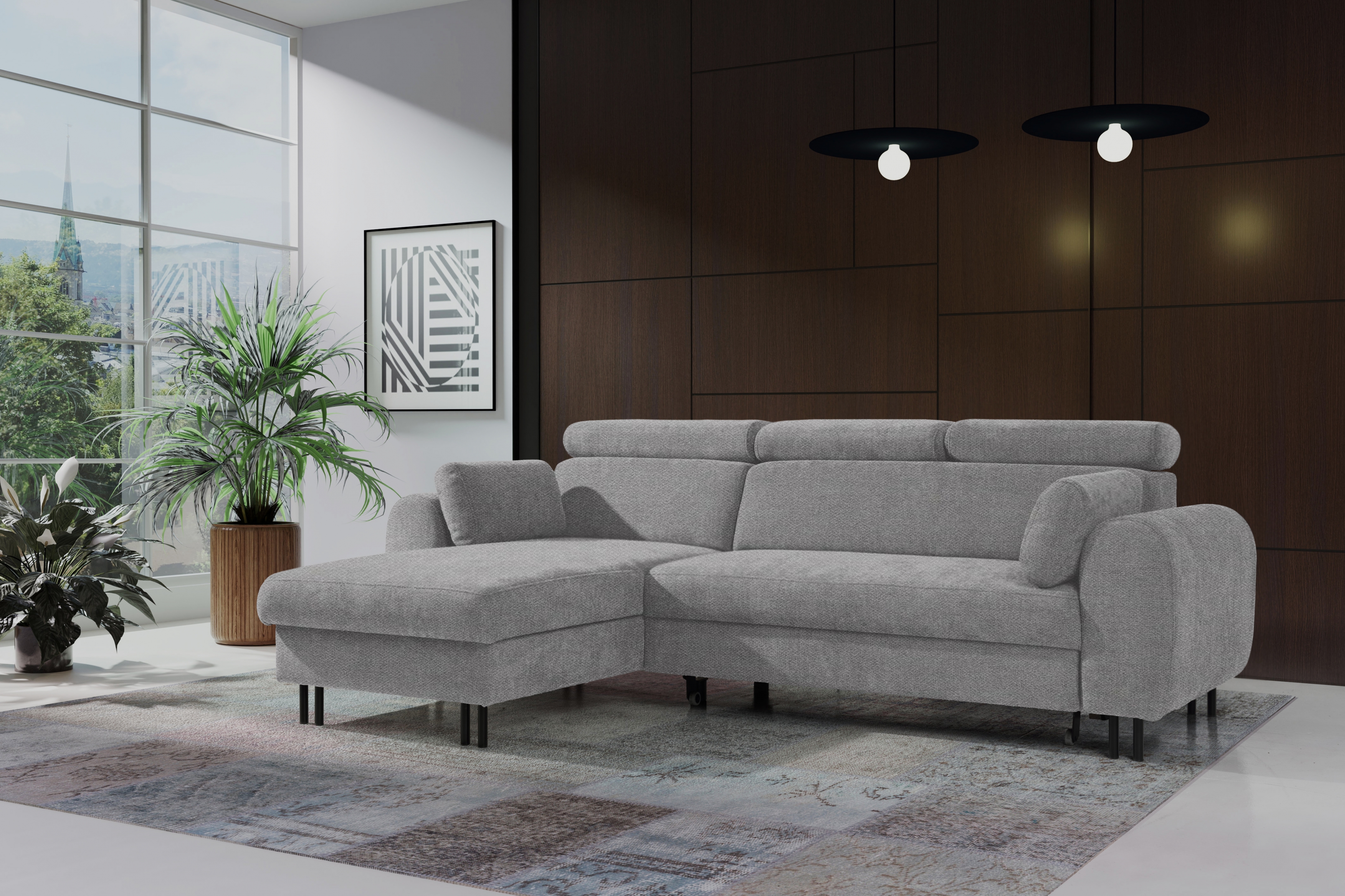 Rohová sedacia súprava Porto ľavá s funkciou spania - sivý šenil Retro Bliss 90 / čierne nožičky Rohová sedacia súprava s funkciou spania Porto Ľavá strana - šedý / šenil / Retro Bliss 90 / čierny nozki