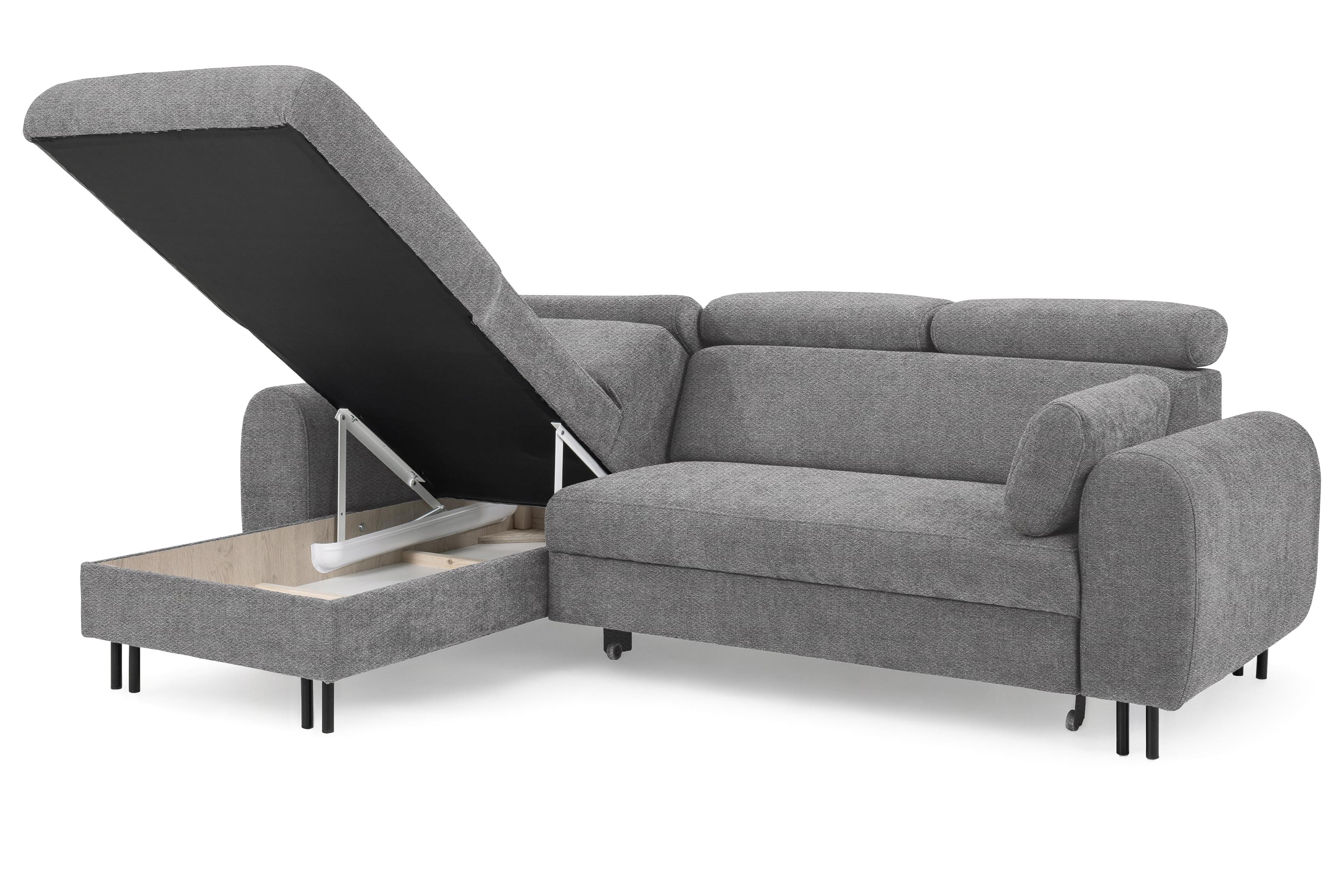 Rohová sedacia súprava Porto ľavá s funkciou spania - sivý šenil Retro Bliss 90 / čierne nožičky Rohová sedacia súprava s funkciou spania Porto Ľavá strana - šedý / šenil / Retro Bliss 90 / čierny nozki