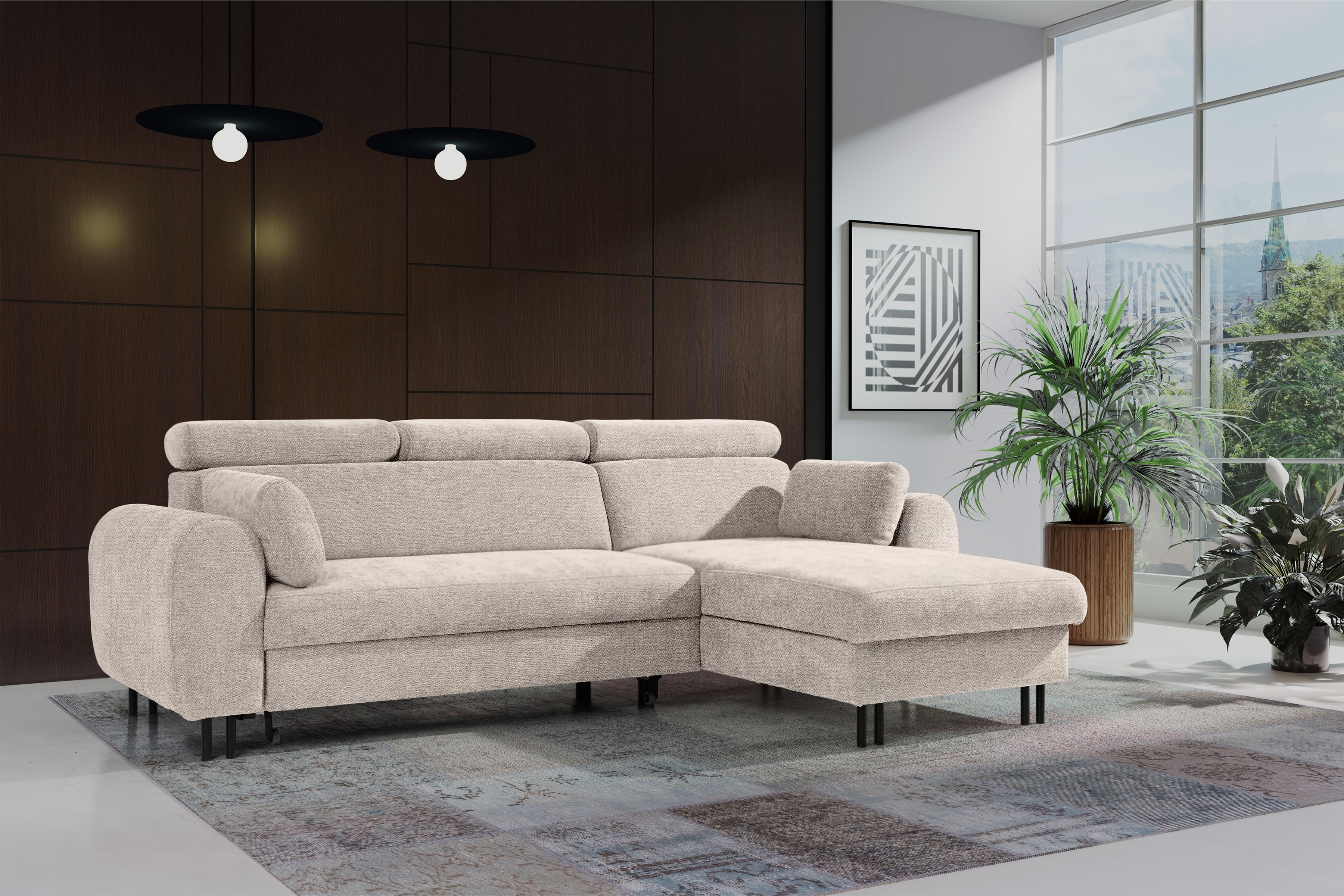 Rohová sedacia súprava Porto pravá s funkciou spania - béžový šenil Retro Bliss 02 / čierne nožičky Rohová sedacia súprava s funkciou spania Porto pravá strana - Béžová / šenil / Retro Bliss 02 / čierny nozki