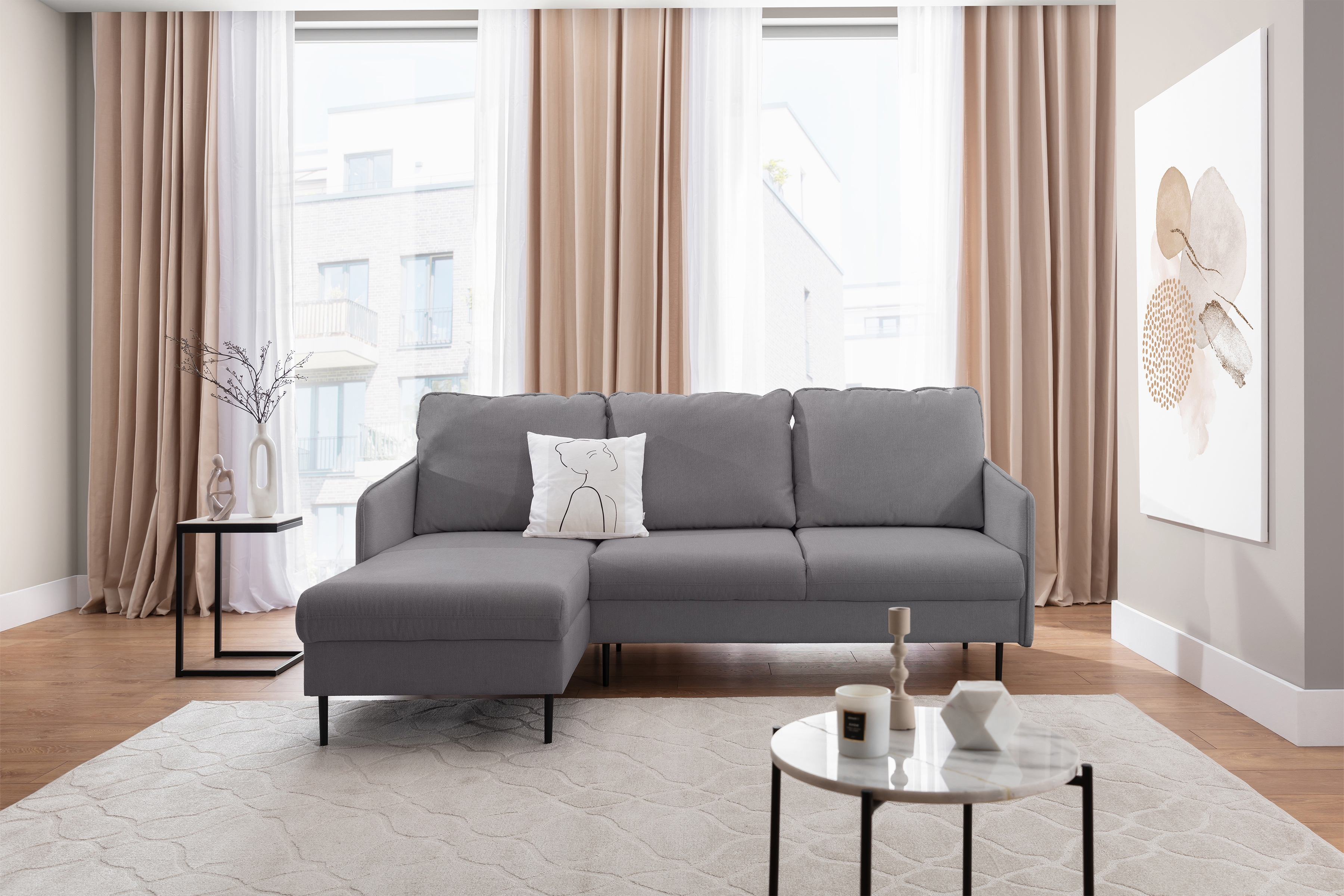 Rozkladacia rohová sedačka Taila Mini ľavá - šedá pletenina Loft 19 / čierne nožičky Rohová sedacia súprava s funkciou spania Taila Mini Ľavá strana - šedá plecionka Loft 19, čierny nožičky