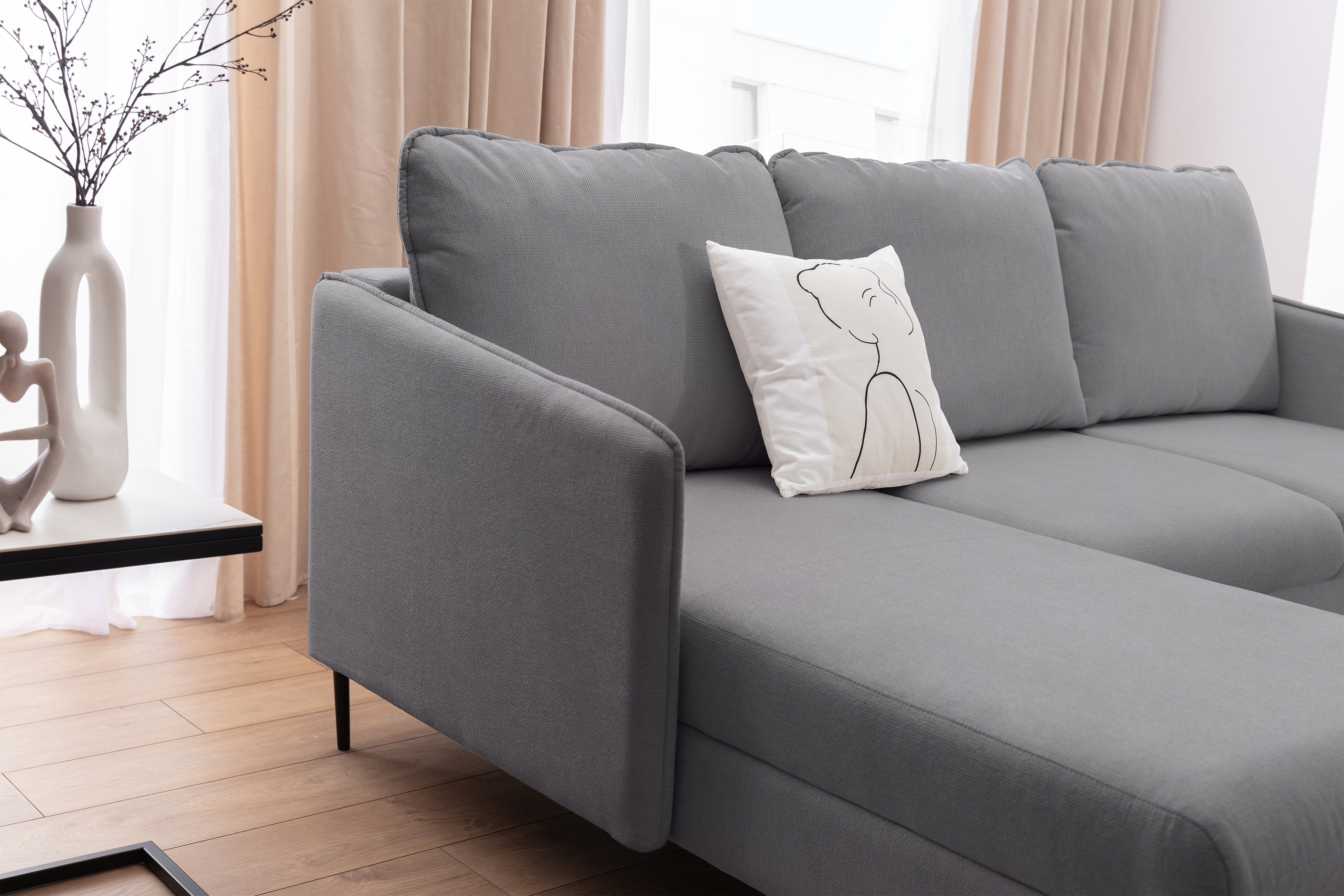 Rozkladacia rohová sedačka Taila Mini ľavá - šedá pletenina Loft 19 / čierne nožičky Rohová sedacia súprava s funkciou spania Taila Mini Ľavá strana - šedá plecionka Loft 19, čierny nožičky