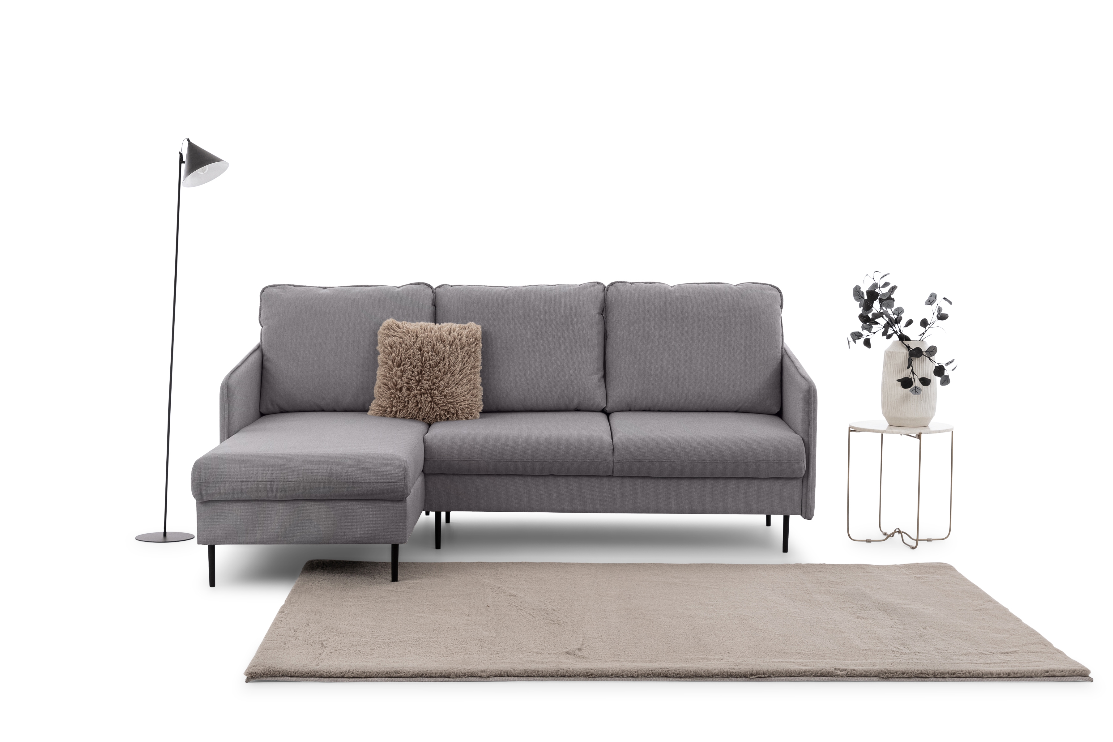 Rozkladacia rohová sedačka Taila Mini ľavá - šedá pletenina Loft 19 / čierne nožičky Rohová sedacia súprava s funkciou spania Taila Mini Ľavá strana - šedá plecionka Loft 19, čierny nožičky