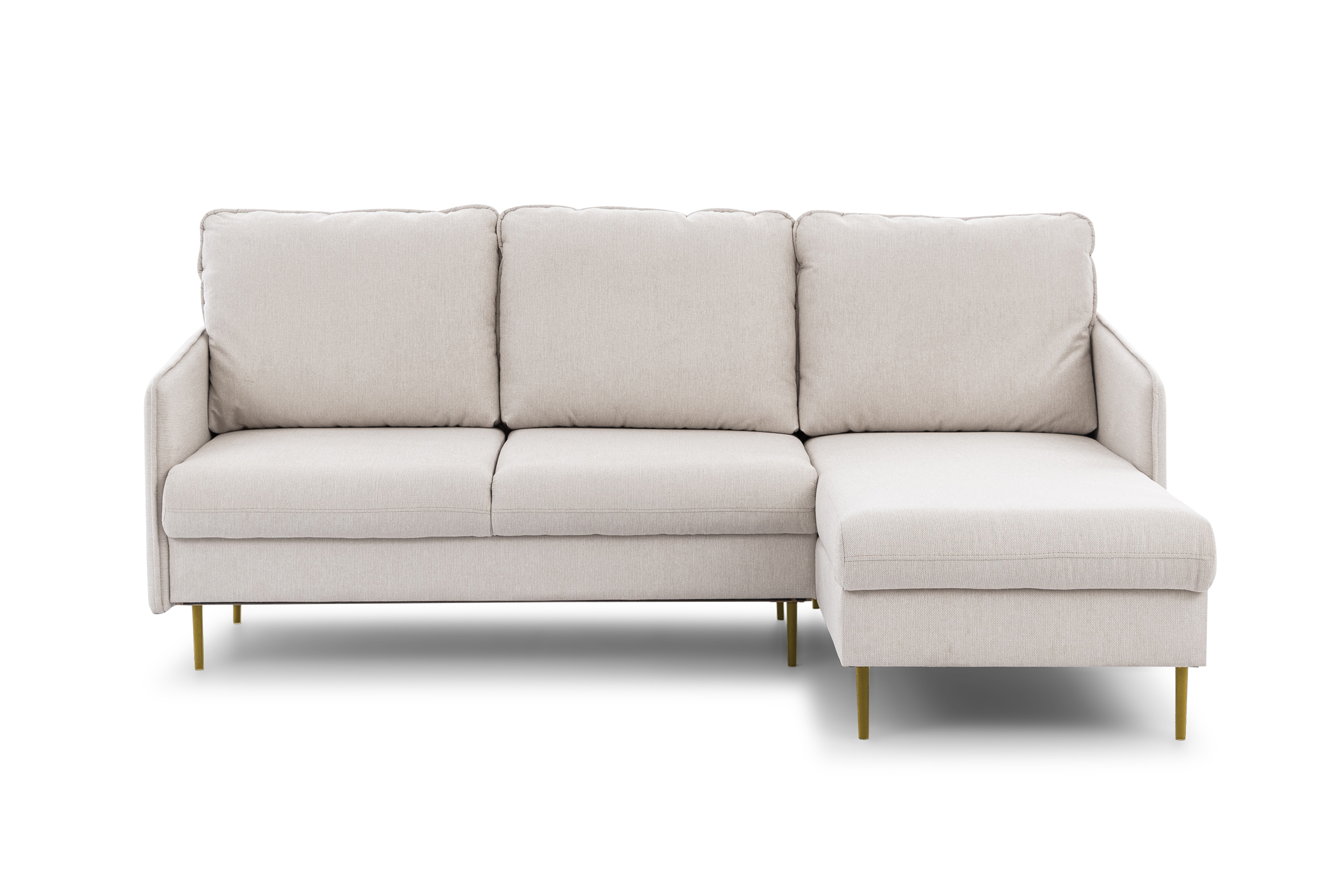 Rozkládací rohová sedací souprava Taila Mini pravá - béžová Loft 01 / zlaté nožky Rohová sedací souprava rozkládací Taila Mini pravá - béžová plecionka Loft 01, zlaté Nohy