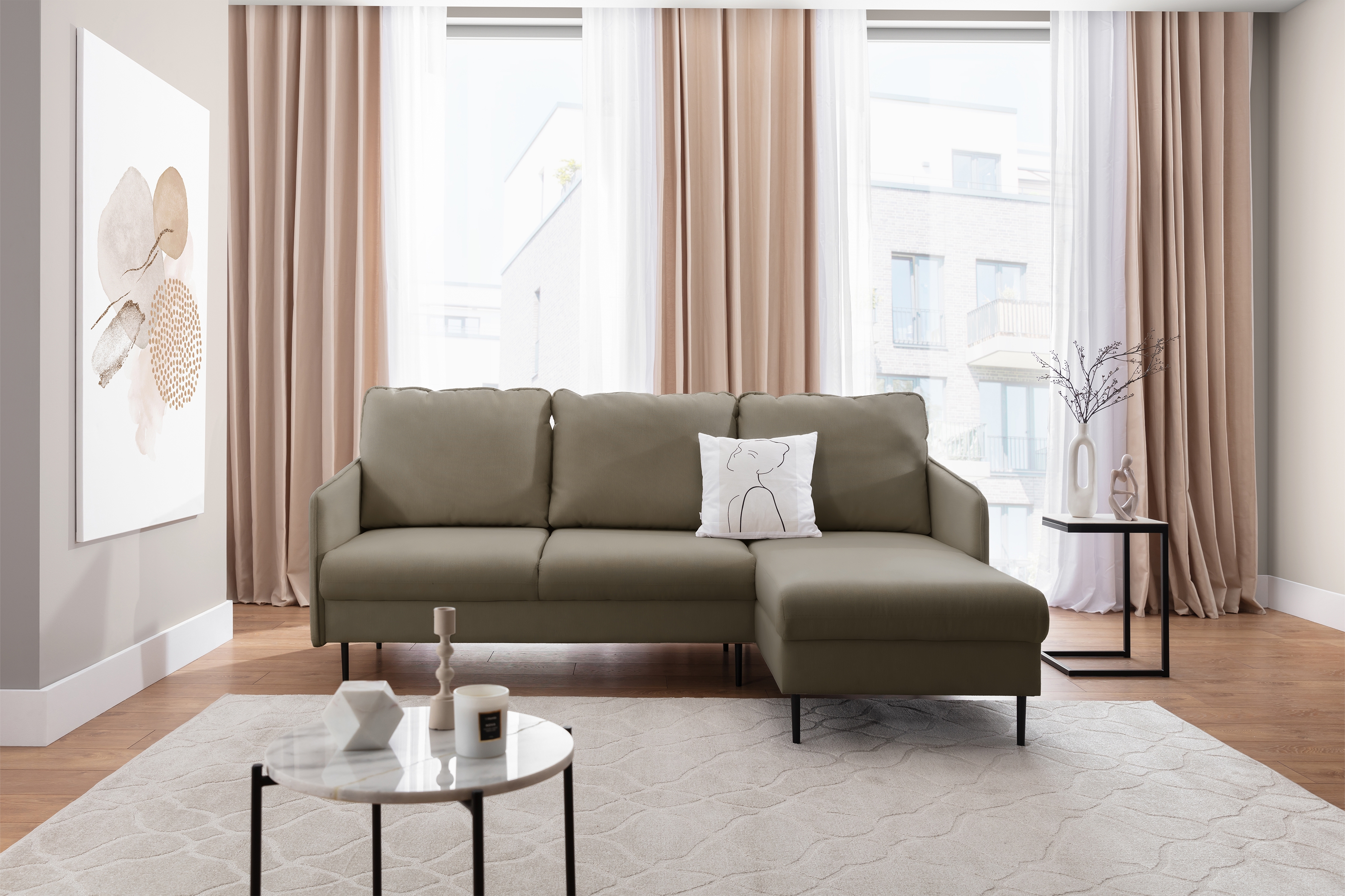 Rozkladacia rohová sedačka Taila Mini pravá - béžový zamat Velluto 3 / čierne nožičky Rohová sedacia súprava s funkciou spania Taila Mini pravá strana - béžový zamat Velutto 3, čierny nožičky