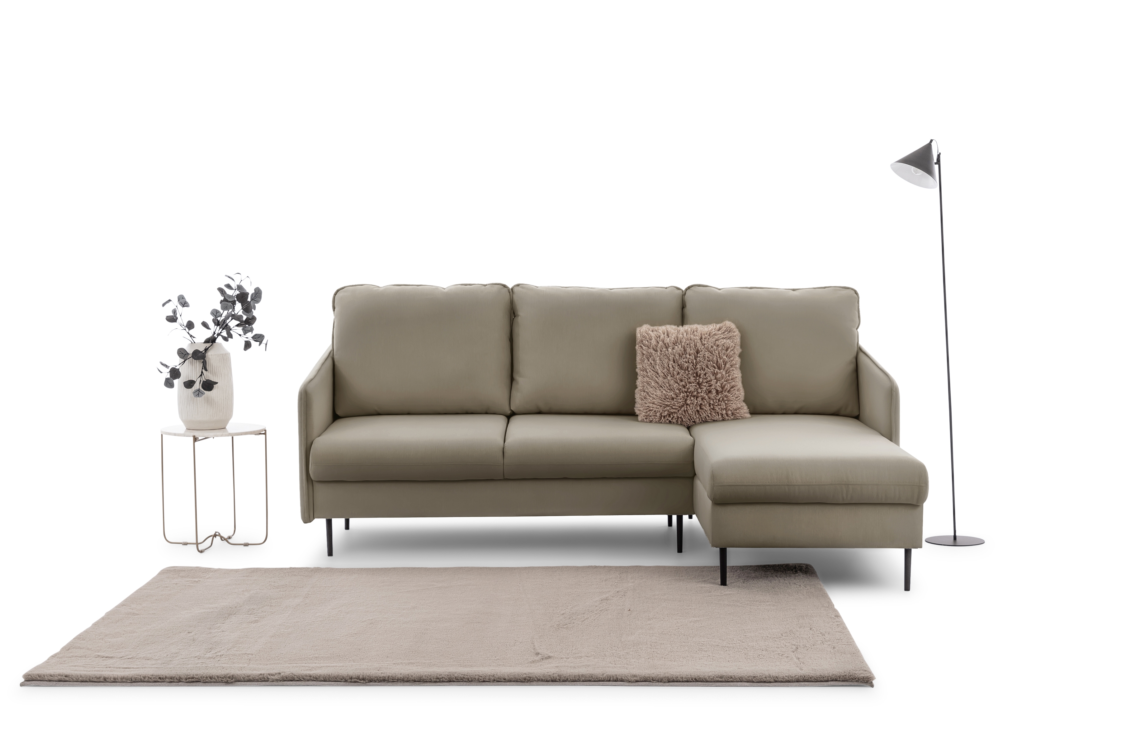 Rozkladacia rohová sedačka Taila Mini pravá - béžový zamat Velluto 3 / čierne nožičky Rohová sedacia súprava s funkciou spania Taila Mini pravá strana - béžový zamat Velutto 3, čierny nožičky