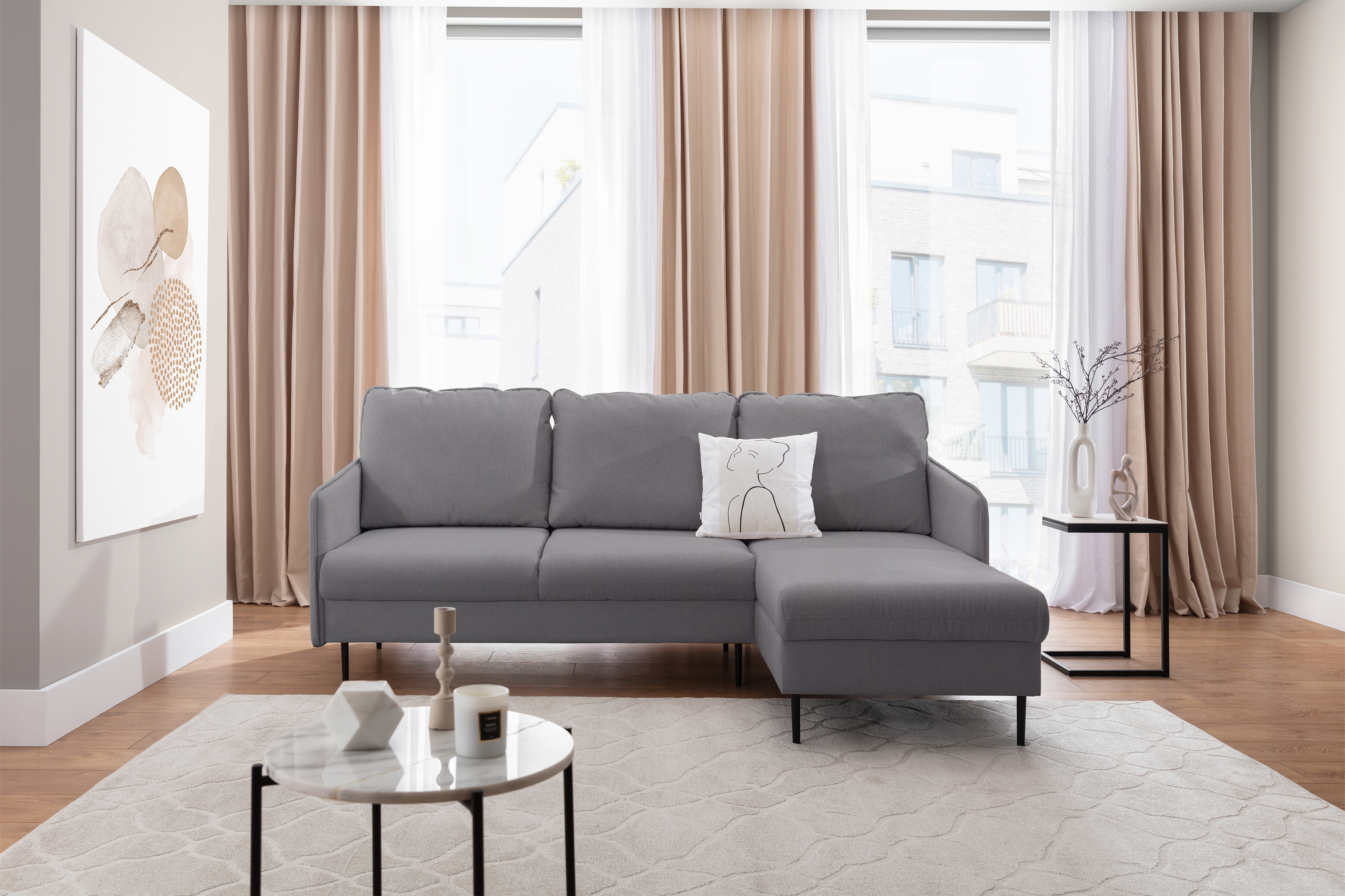 Rozkladacia rohová sedačka Taila Mini pravá - šedá pletenina Loft 19 / čierne nožičky Rohová sedacia súprava s funkciou spania Taila Mini pravá strana - šedá plecionka Loft 19, čierny nožičky