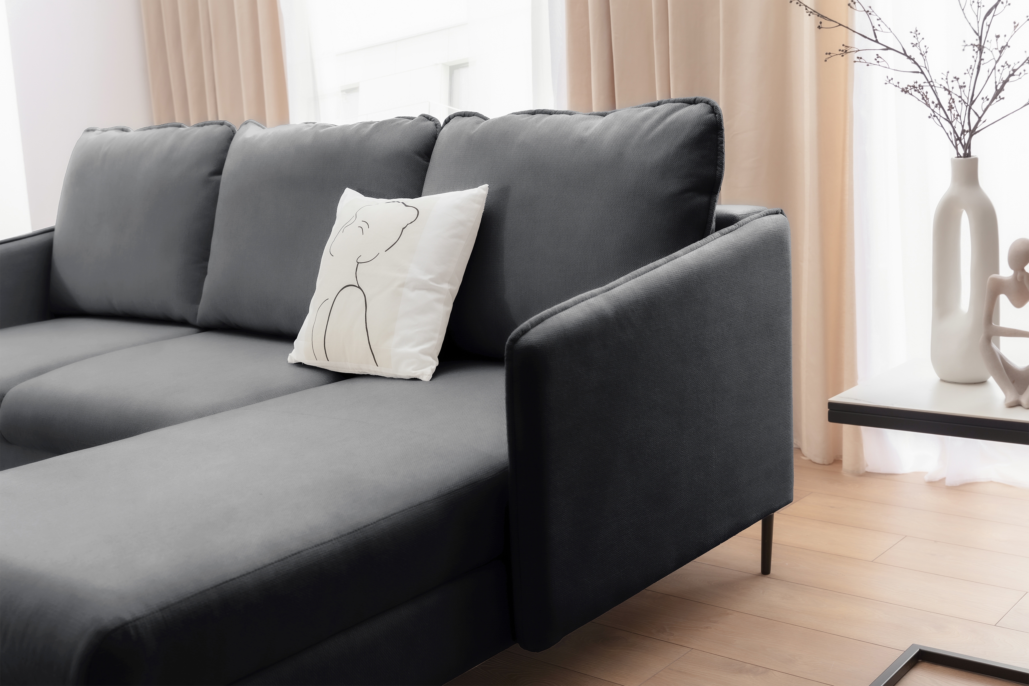 Rozkladacia rohová sedačka Taila Mini pravá - šedý zamat Velluto 18 / čierne nožičky Rohová sedacia súprava s funkciou spánku Taila Mini pravá strana - šedý velúr Velluto 18 / čierny nožičky