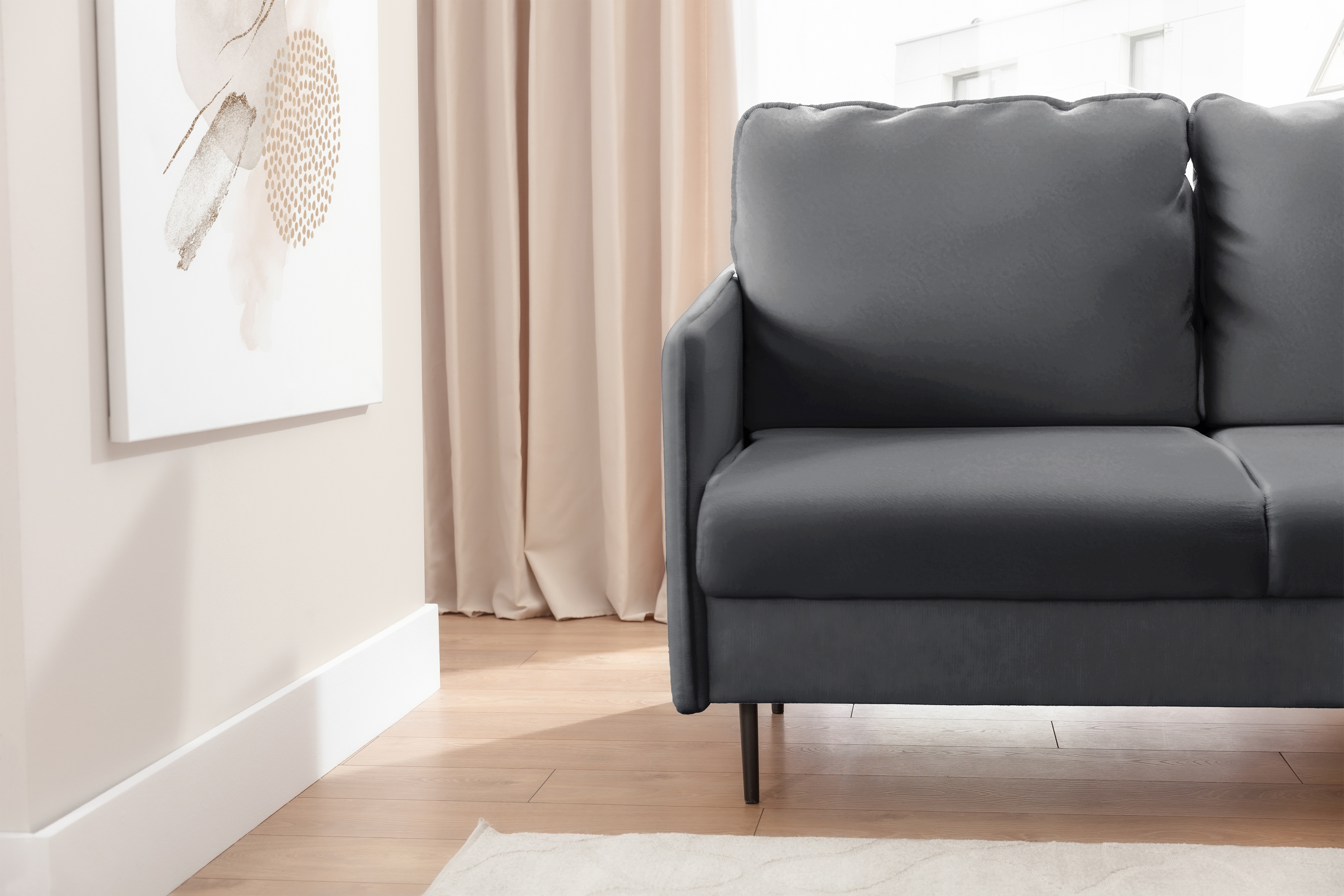 Rozkladacia rohová sedačka Taila Mini pravá - šedý zamat Velluto 18 / čierne nožičky Rohová sedacia súprava s funkciou spánku Taila Mini pravá strana - šedý velúr Velluto 18 / čierny nožičky