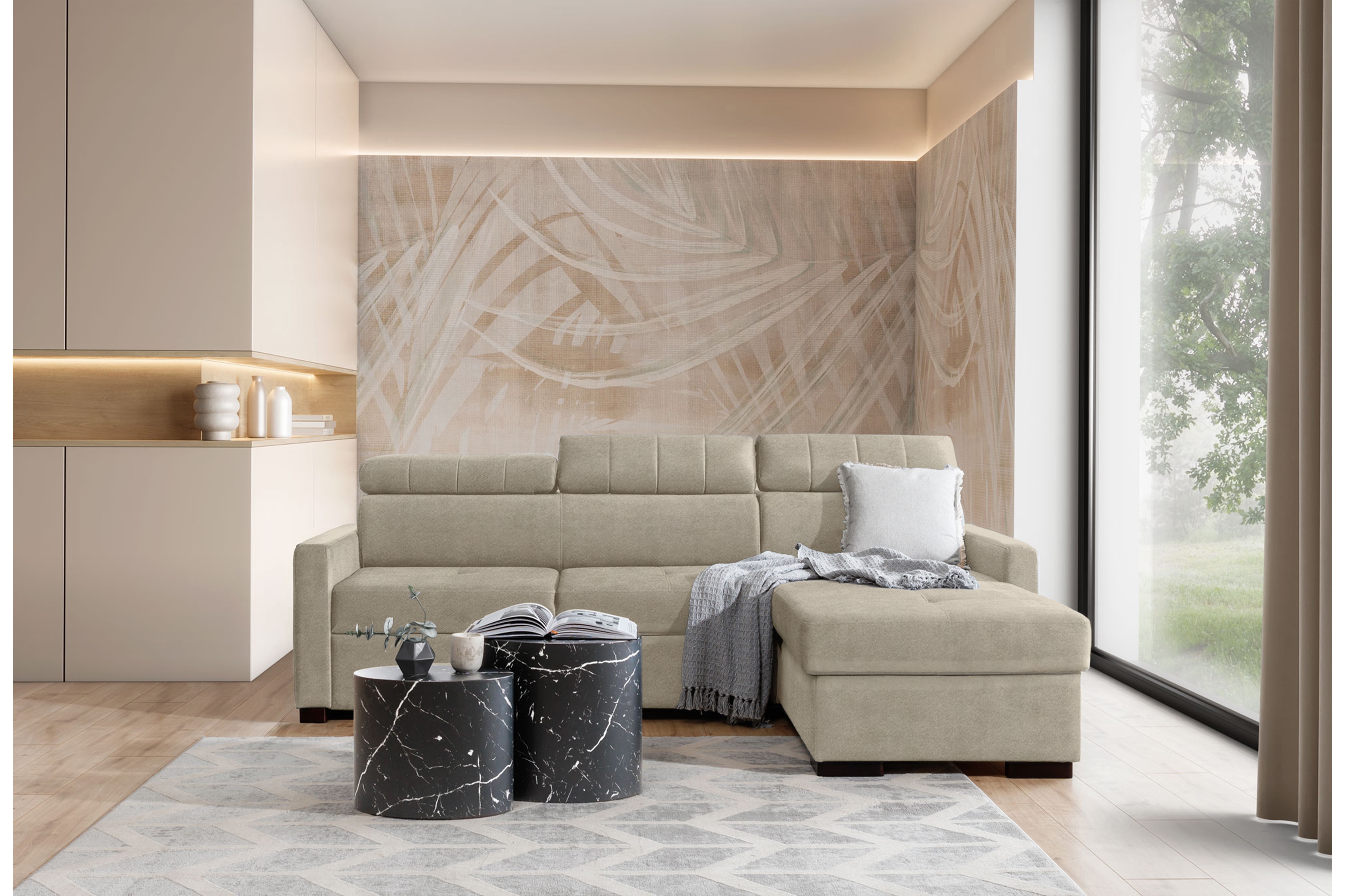 Rozkládací rohová sedací souprava Taremo Mini – krémová Ado 1601 Halva Rohová sedací souprava rozkládací Taremo Mini uniwersalny Levá/pravý - kremowa plecionka Ado 1601 Halva