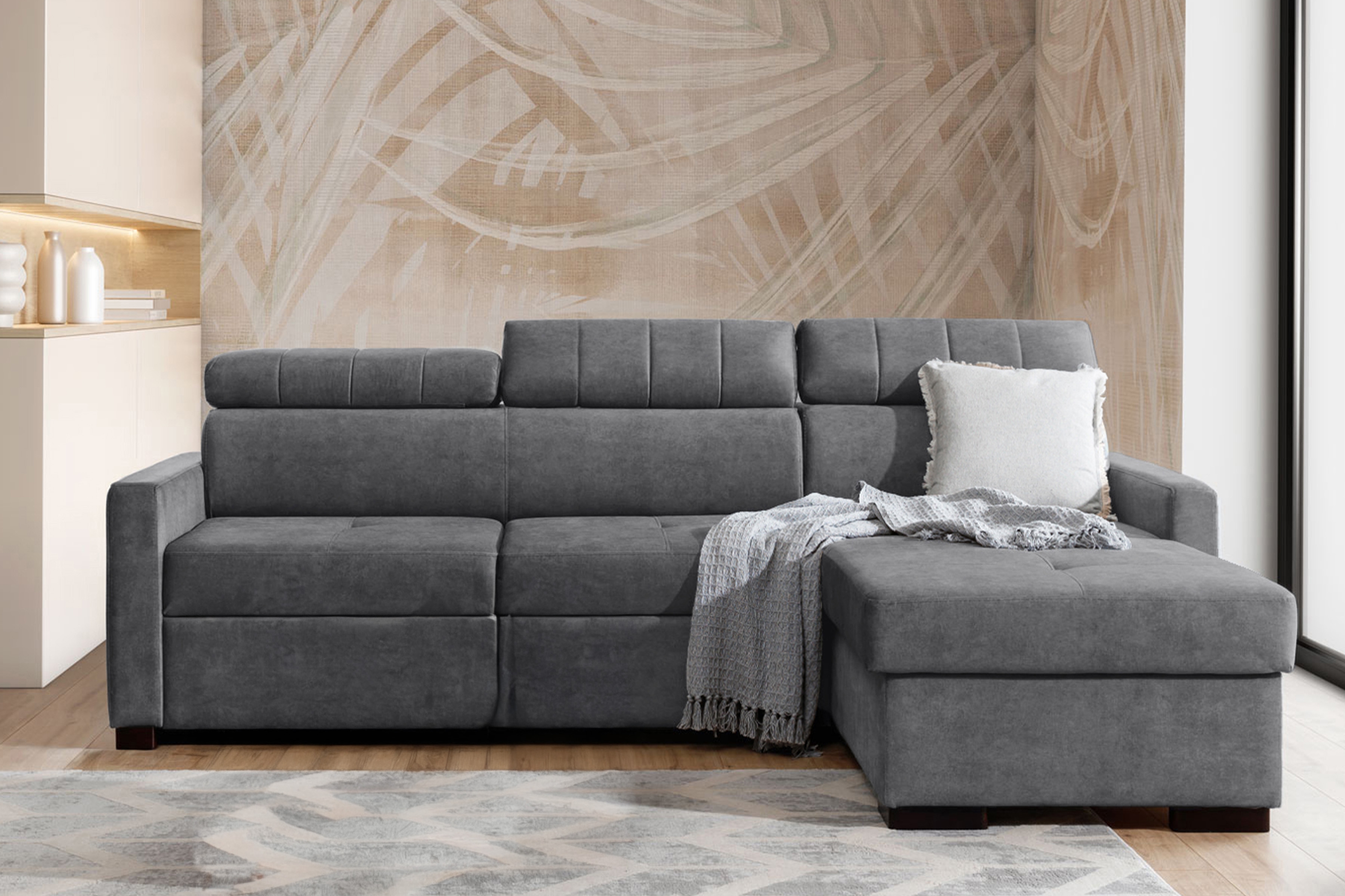 Rozkládací rohová sedací souprava Taremo Mini – šedá Zetta 304 Rohová sedací souprava rozkládací Taremo Mini uniwersalny Levá/pravý - šedá samet latwoczyszczacy Zetta 304