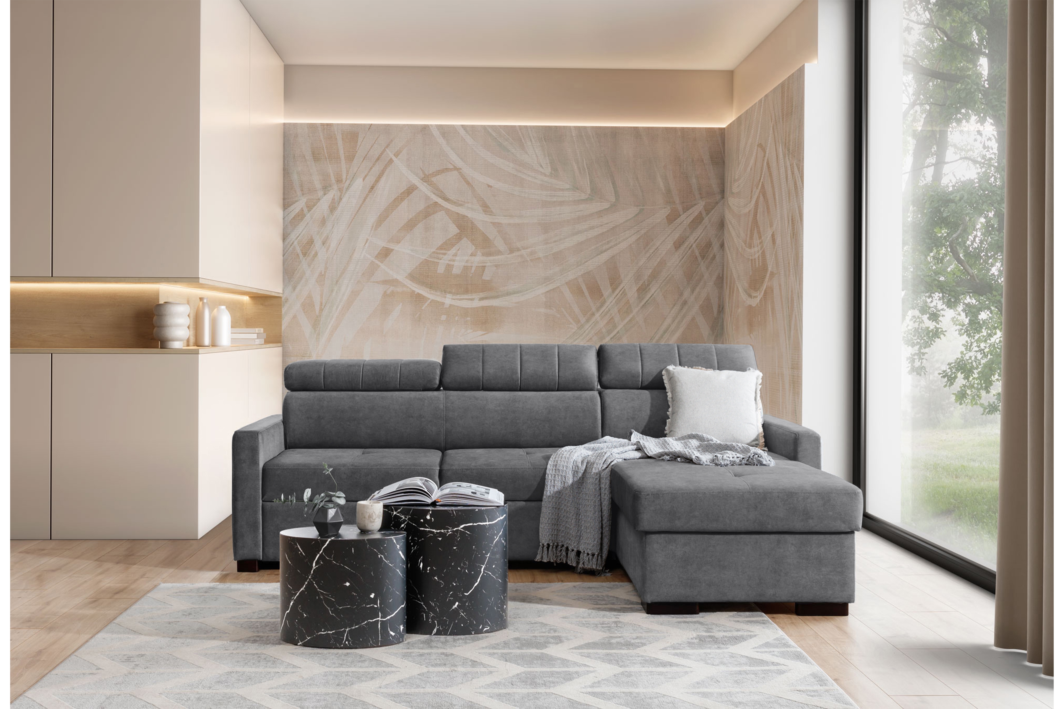 Rozkládací rohová sedací souprava Taremo Mini – šedá Zetta 304 Rohová sedací souprava rozkládací Taremo Mini uniwersalny Levá/pravý - šedá samet latwoczyszczacy Zetta 304