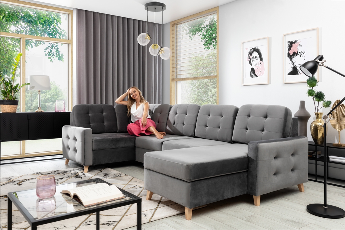 Rohová sedací souprava Vanisa U skandynawski naroznik z szarymi poduszkami 