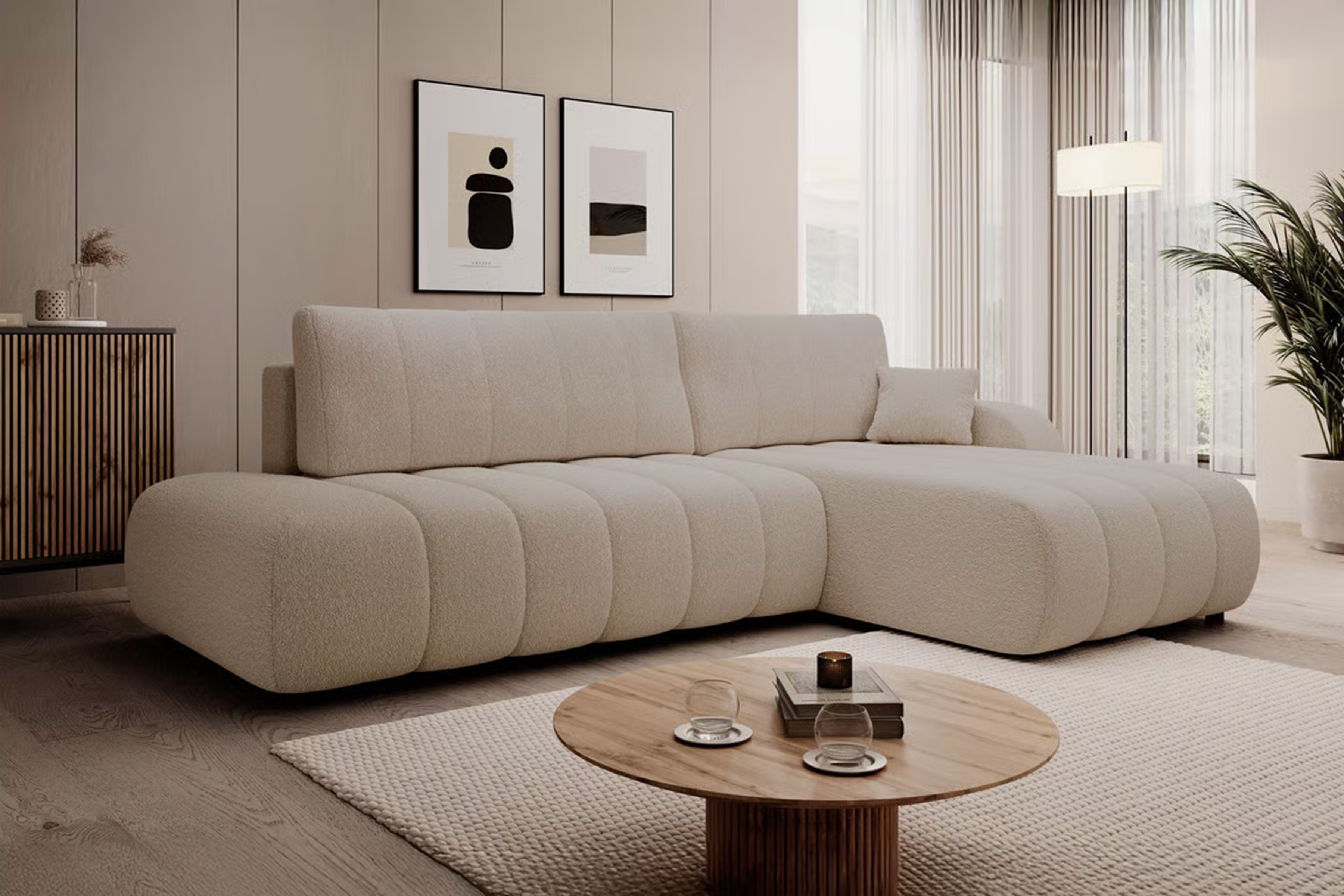 Rozkládací rohová sedací souprava Zelio pravá - béžová Lambi 8 Rohová sedací souprava rozkládací Zelio pravá - světlý béžová boucle Lambi 8