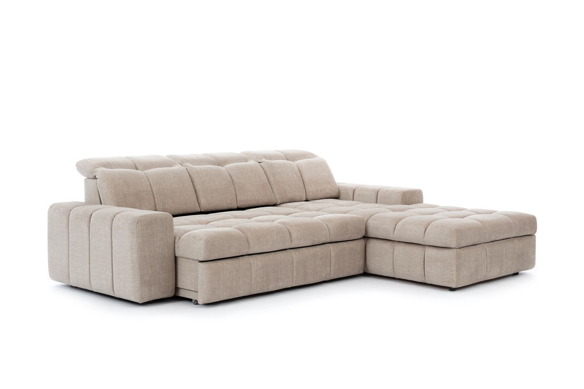 Elektrický rozkládací rohový gauč Magnelio Mini pravý - béžový samet Vogue 2 Rohová sedací souprava Magnelio Mini wysuniete Sedák