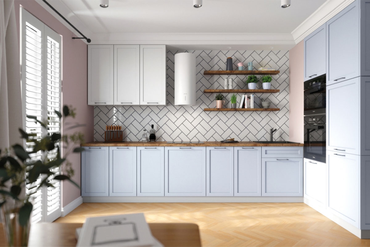 Kuchyňská skříňka s prosklením Navia WWO 8/47 BLUM HK TOP kolekce nábytku kuchennych Navia - Barevný odstín: korpus Bílý, fronty dolne Rám na fotku Modrý mat, fronty gorne Rám na fotku Bílý mat