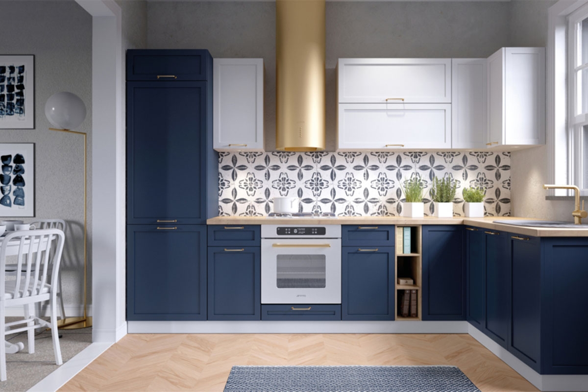 Vysoká závěsná kuchyňská skříňka s prosklením Navia WWPO 6/72 BLUM HF kolekce nábytku kuchennych Navia - Barevný odstín: korpus Bílý, fronty dolne Rám na fotku Námořnická modrá mat, fronty gorne Rám na fotku Bílý mat