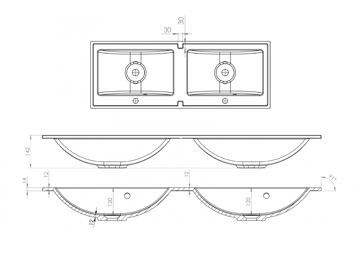 Zápustné umyvadlo Nicole 120 cm Umyvadlo wpuszczana pro szafkek lazienkowych Nicole 120 cm - Rozměry 1
