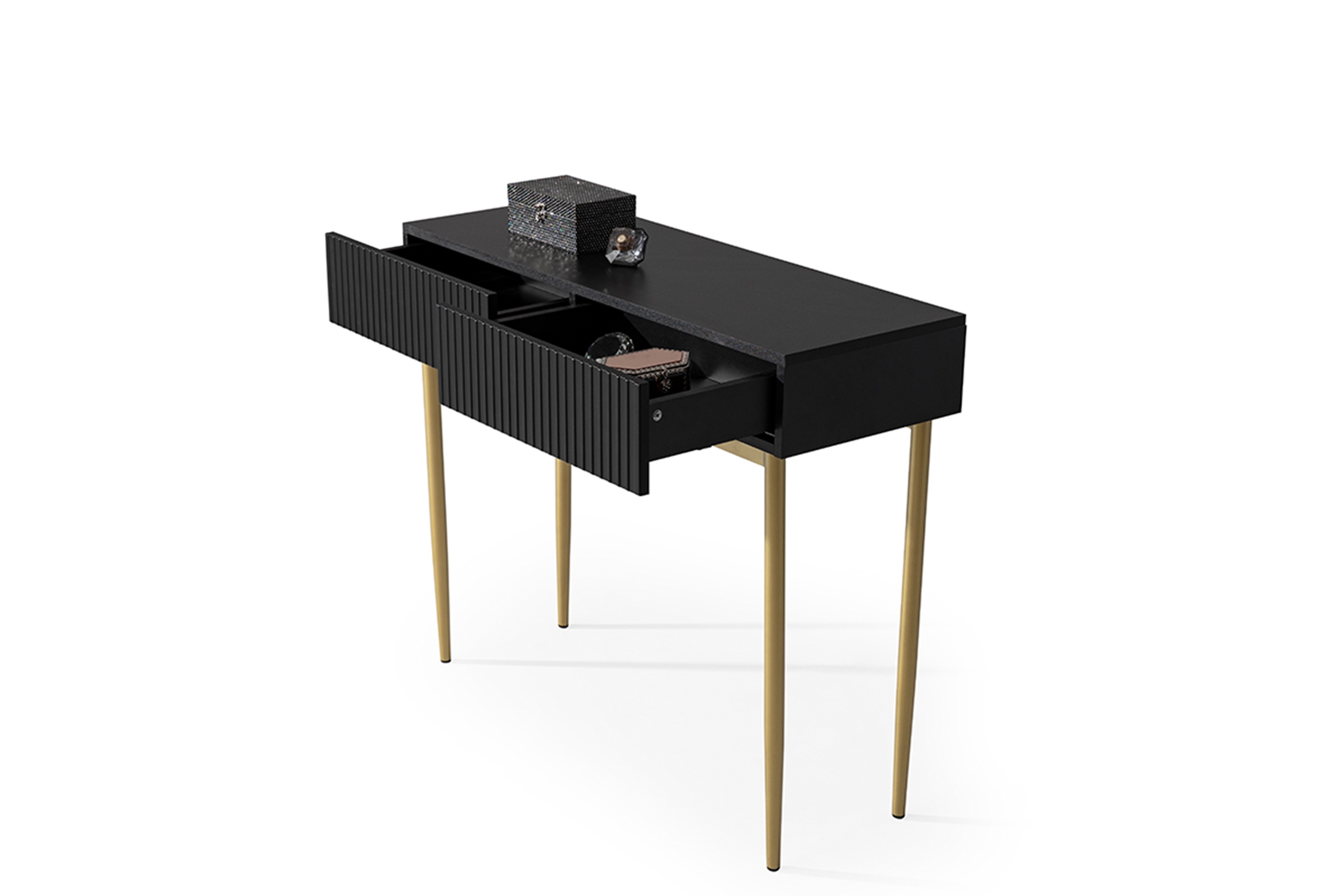 Toaletný stolík Nicole 100 cm - čierny mat / zlaté nožičky moderná Konzolový stolík / Toaletný Stolík so zásuvkami Nicole 100 cm - Čierny mat / zlote nozki
