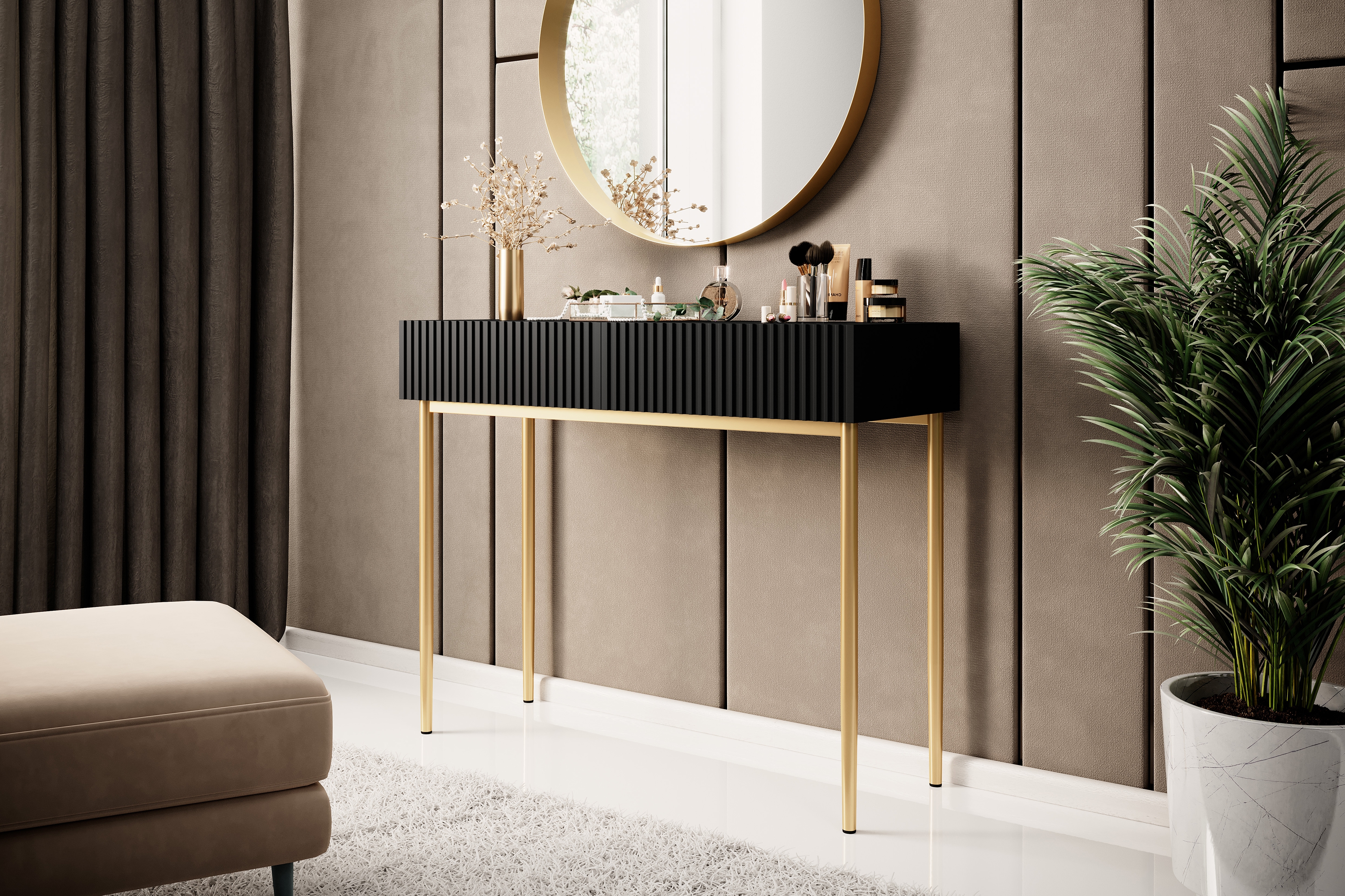 Toaletný stolík Nicole 100 cm - čierny mat / zlaté nožičky moderná Konzolový stolík / Toaletný Stolík so zásuvkami Nicole 100 cm - Čierny mat / zlote nozki