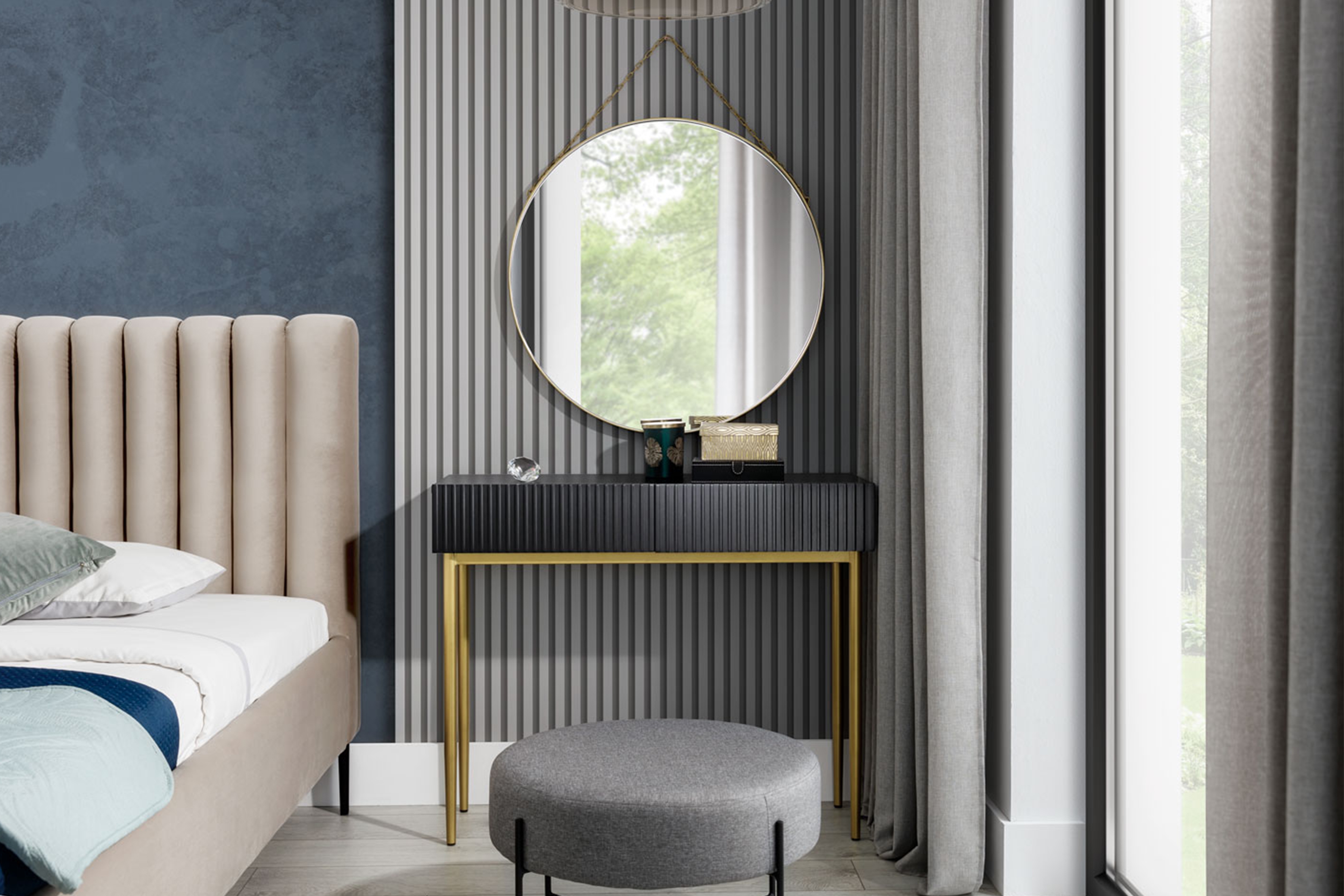 Toaletný stolík Nicole 100 cm - čierny mat / zlaté nožičky moderná Konzolový stolík / Toaletný Stolík so zásuvkami Nicole 100 cm - Čierny mat / zlote nozki