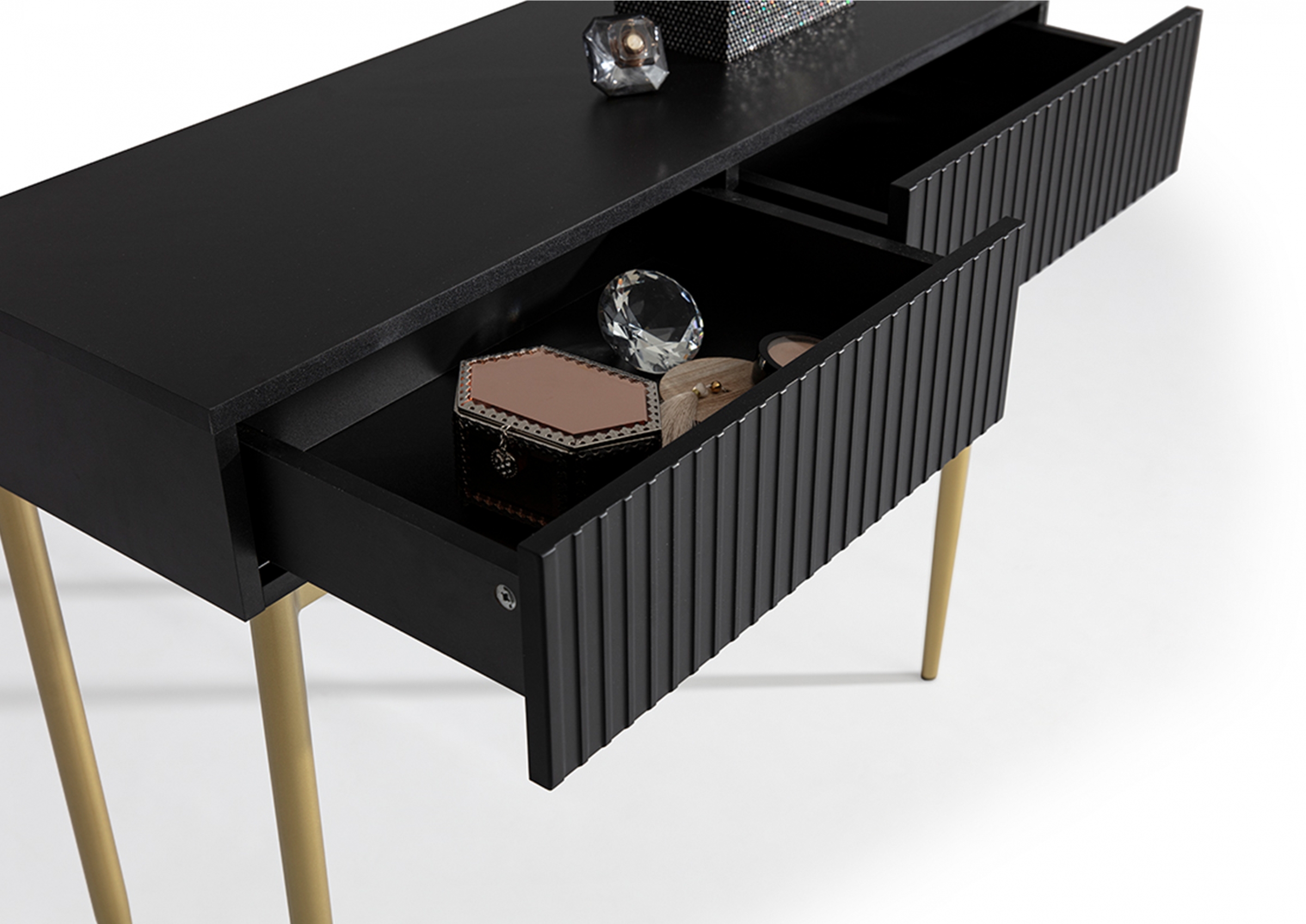 Toaletný stolík Nicole 100 cm - čierny mat / zlaté nožičky moderná Konzolový stolík / Toaletný Stolík so zásuvkami Nicole 100 cm - Čierny mat / zlote nozki