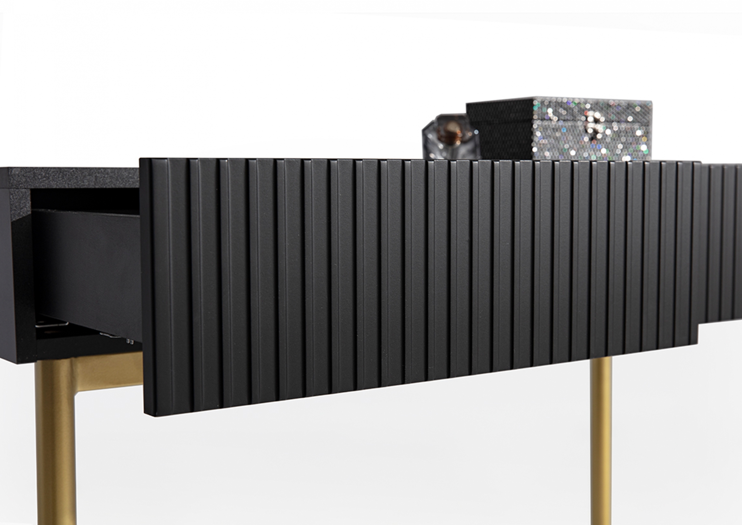 Toaletný stolík Nicole 100 cm - čierny mat / zlaté nožičky moderná Konzolový stolík / Toaletný Stolík so zásuvkami Nicole 100 cm - Čierny mat / zlote nozki