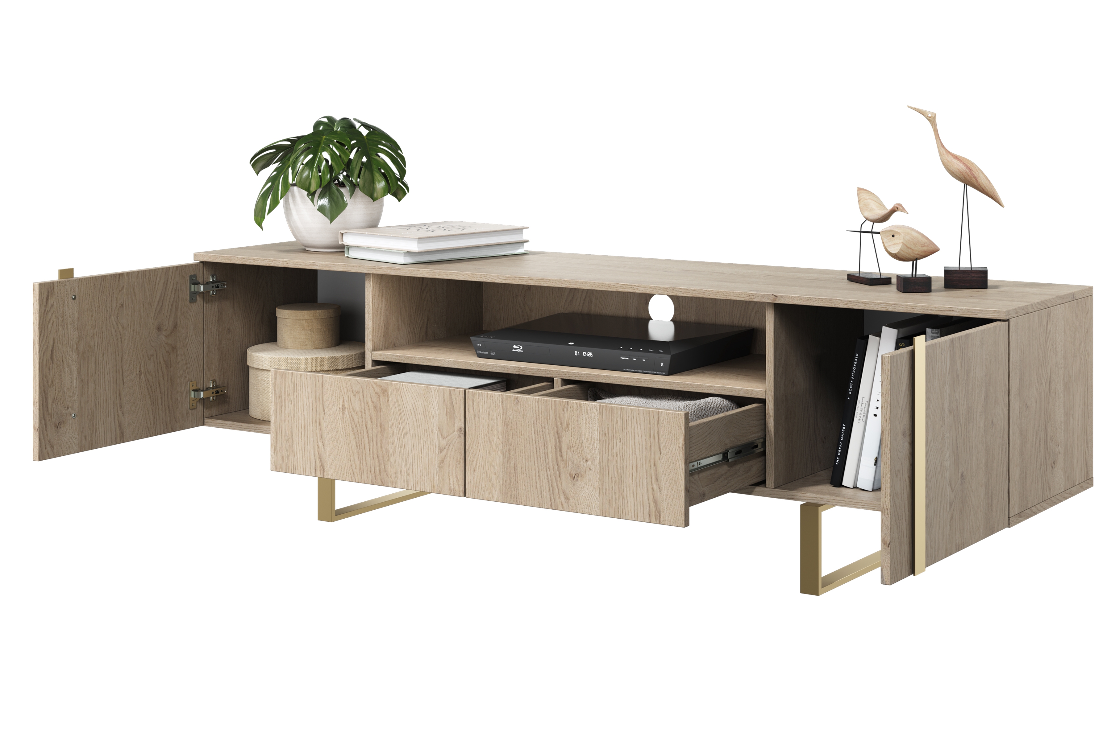 TV stolík Verica so zásuvkami 200 cm - dub piškótový / zlaté nožičky moderná TV skrinka Verica so zásuvkami i metalowymi nogami 200 cm - Dub biszkoptowy / zlote nozki