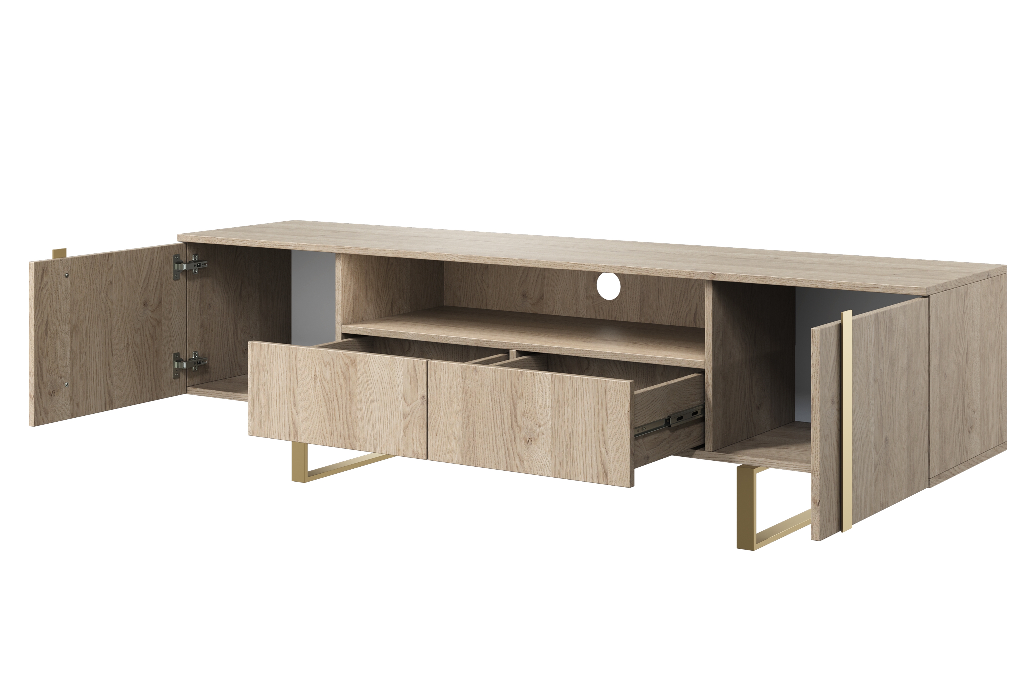 TV stolík Verica so zásuvkami 200 cm - dub piškótový / zlaté nožičky moderná TV skrinka Verica so zásuvkami i metalowymi nogami 200 cm - Dub biszkoptowy / zlote nozki
