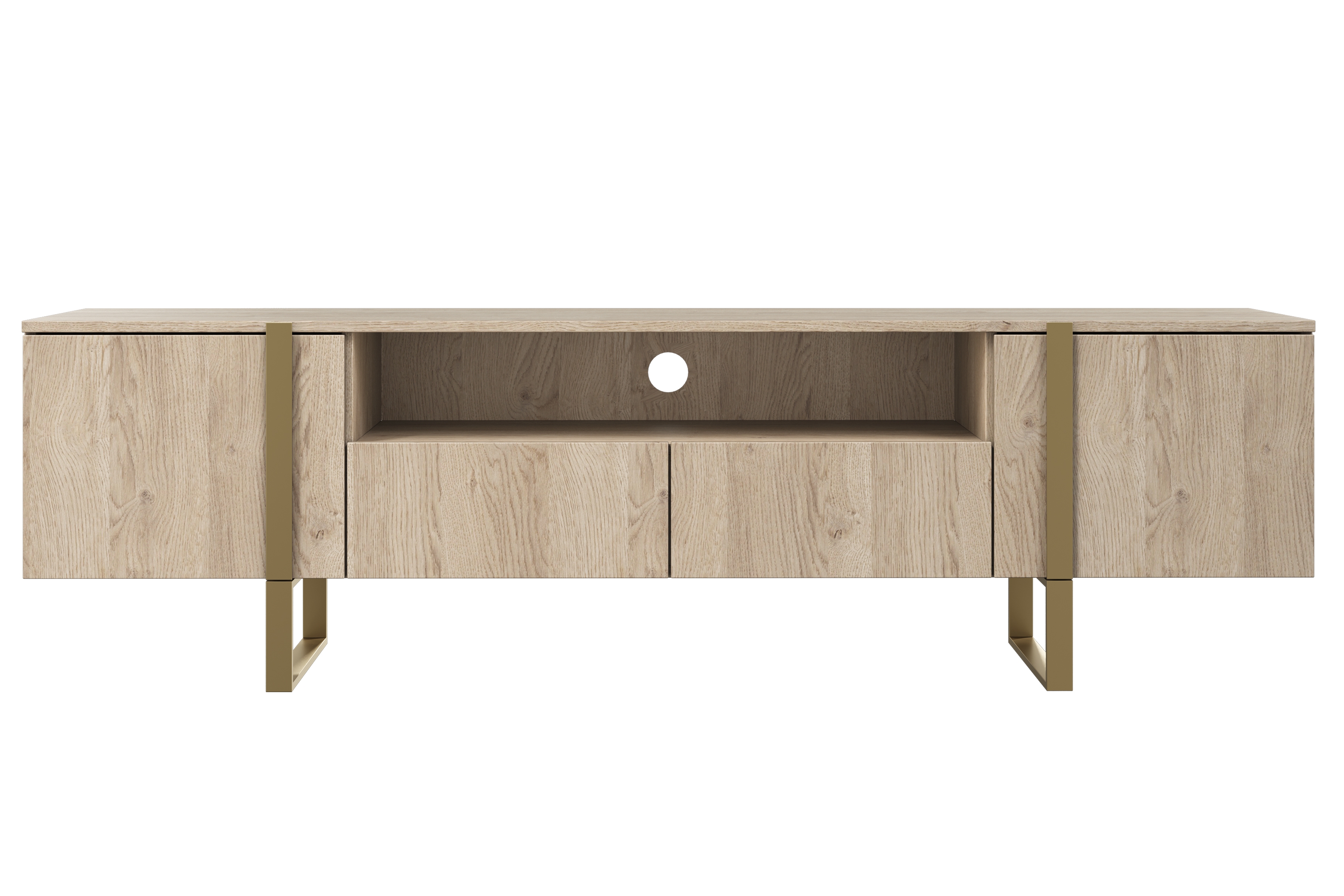 TV stolík Verica so zásuvkami 200 cm - dub piškótový / zlaté nožičky moderná TV skrinka Verica so zásuvkami i metalowymi nogami 200 cm - Dub biszkoptowy / zlote nozki