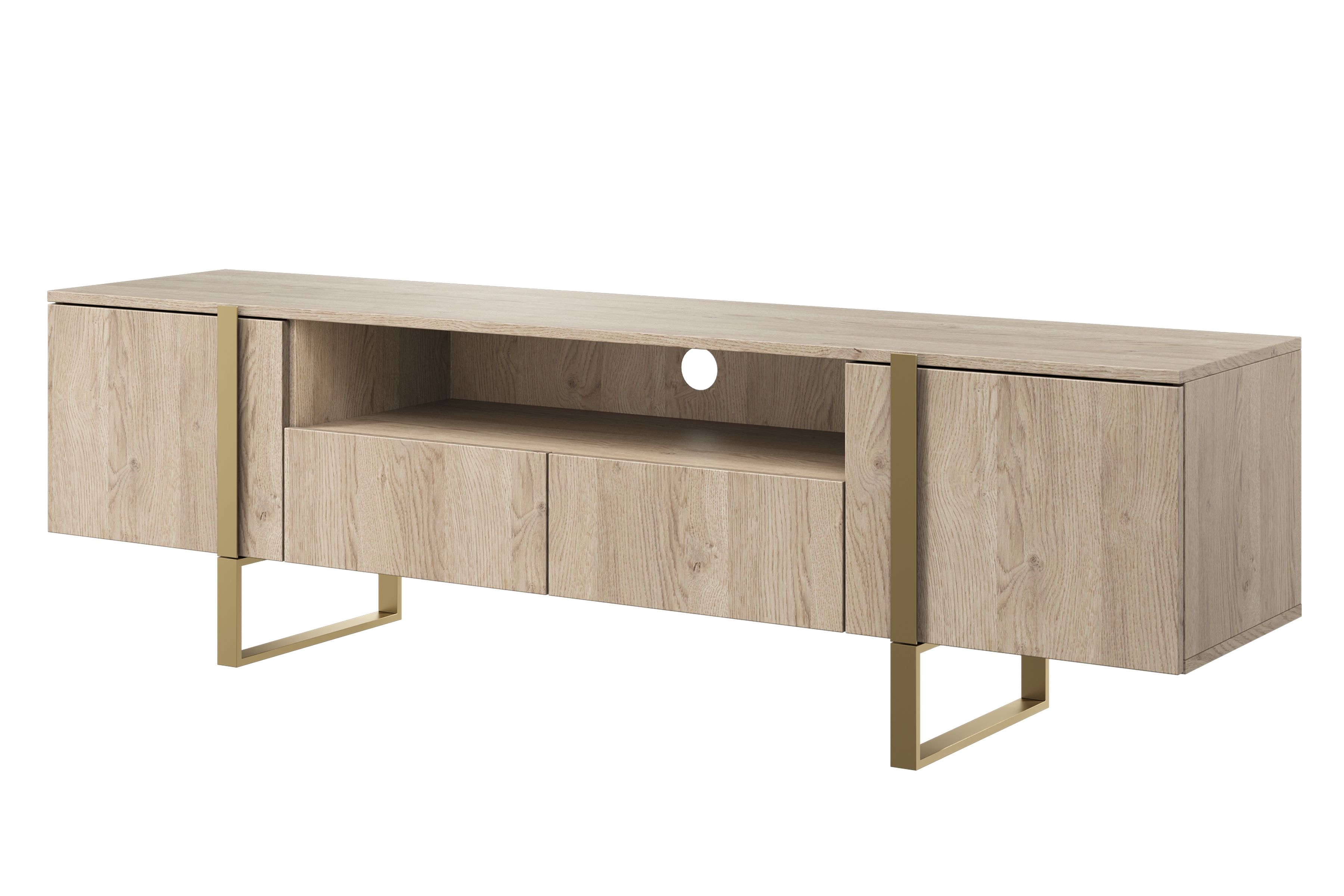 TV stolík Verica so zásuvkami 200 cm - dub piškótový / zlaté nožičky moderná TV skrinka Verica so zásuvkami i metalowymi nogami 200 cm - Dub biszkoptowy / zlote nozki