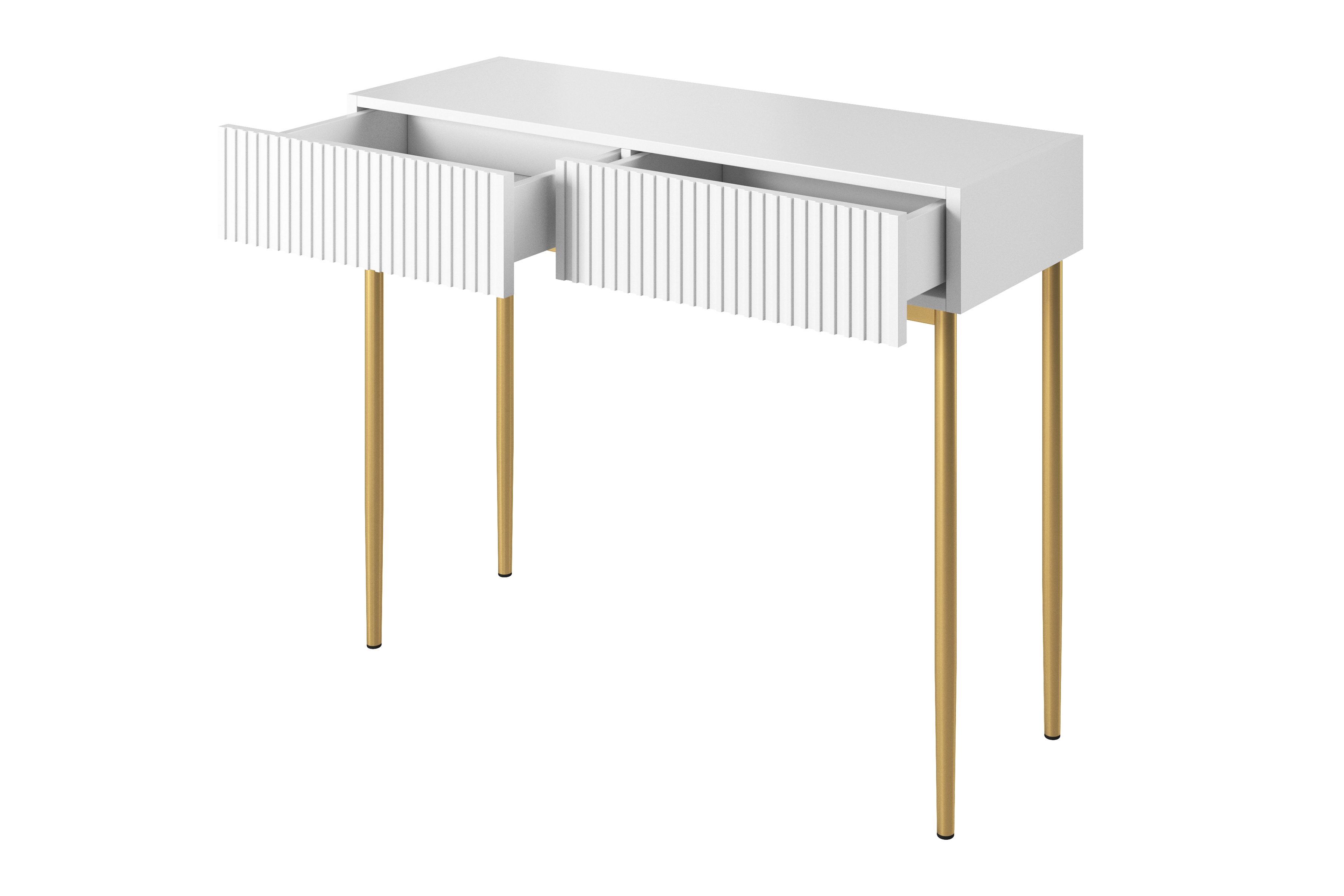 Moderný písací stôl Nicole - biely mat / zlaté nožičky moderné Písací stôl Nicole 100 cm so zásuvkami i metalowymi nogami- biely mat / zlote nozki