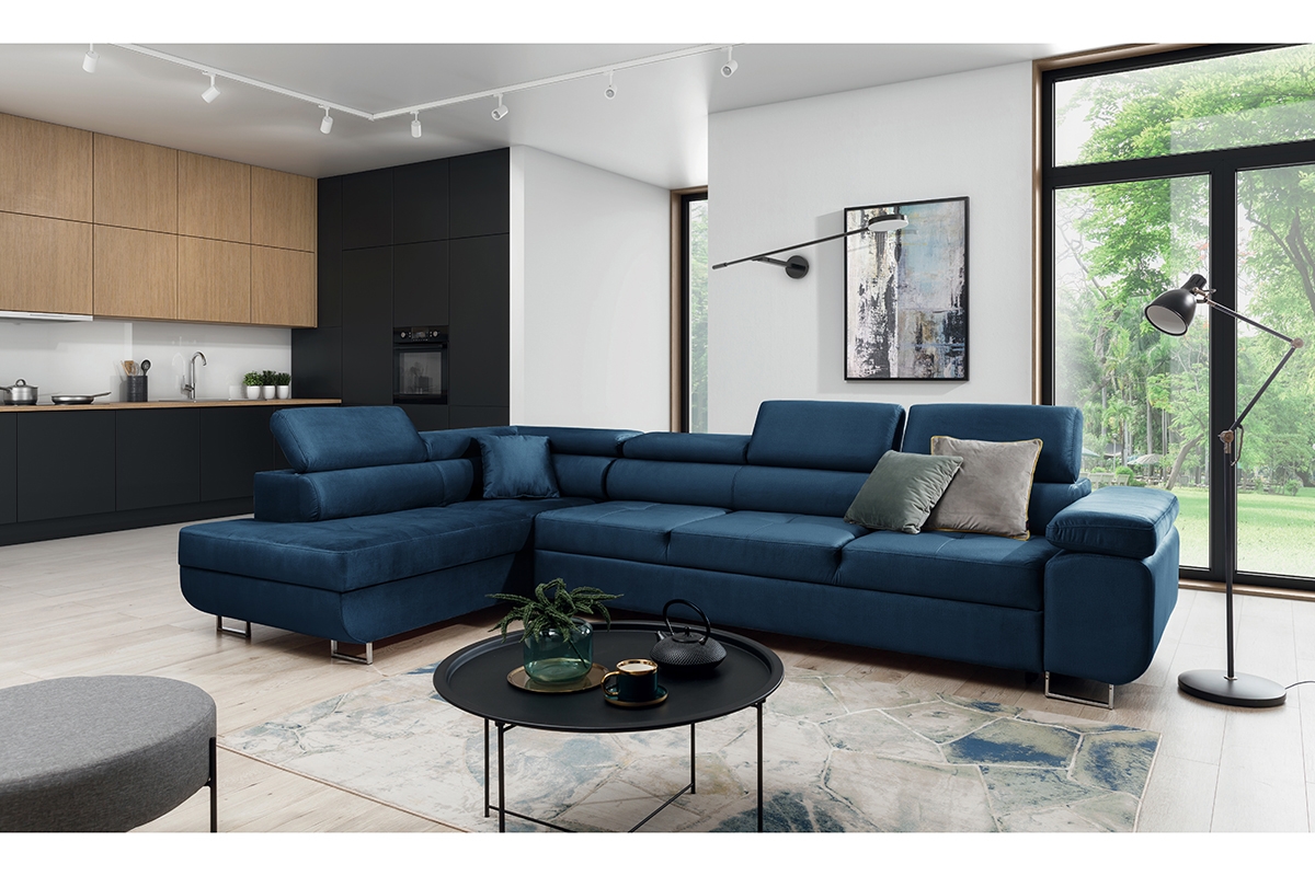 Rozkladacia rohová sedacia súprava Annabelle Maxi ľavá - tmavomodrý Monolith 77 / chrómové nožičky Rohová sedacia súprava Annabelle Maxi