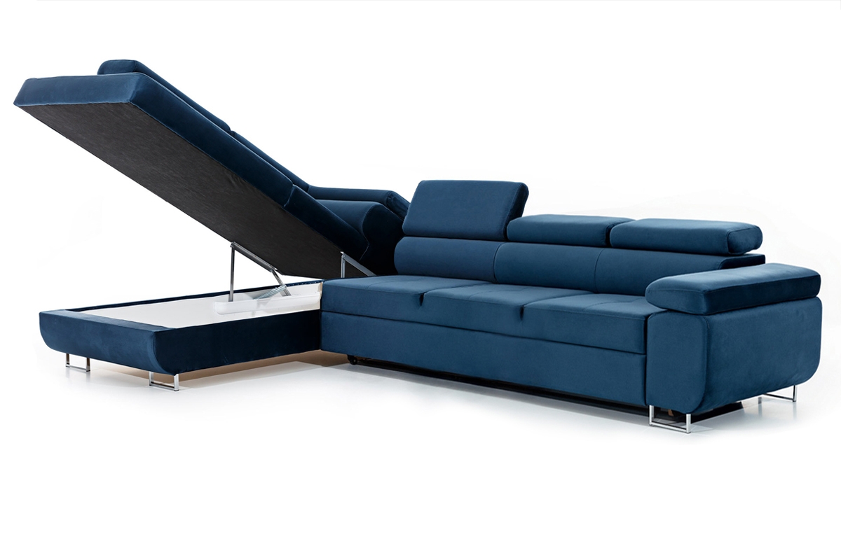 Rozkladacia rohová sedacia súprava Annabelle Maxi ľavá - tmavomodrý Monolith 77 / chrómové nožičky Rohová sedacia súprava Annabelle Maxi Vnútorný úložný priestor