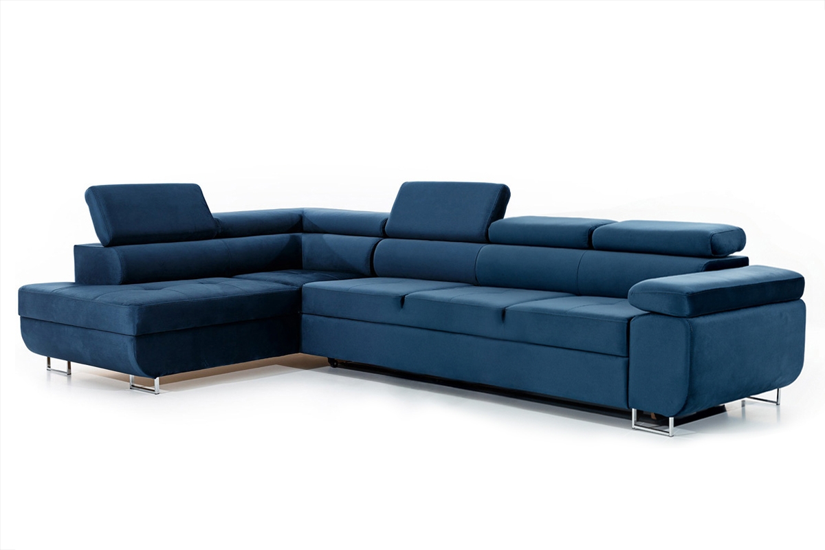 Rozkladacia rohová sedacia súprava Annabelle Maxi ľavá - tmavomodrý Monolith 77 / chrómové nožičky Rohová sedacia súprava Annabelle Maxi nastaviteľný Opierky hlavy