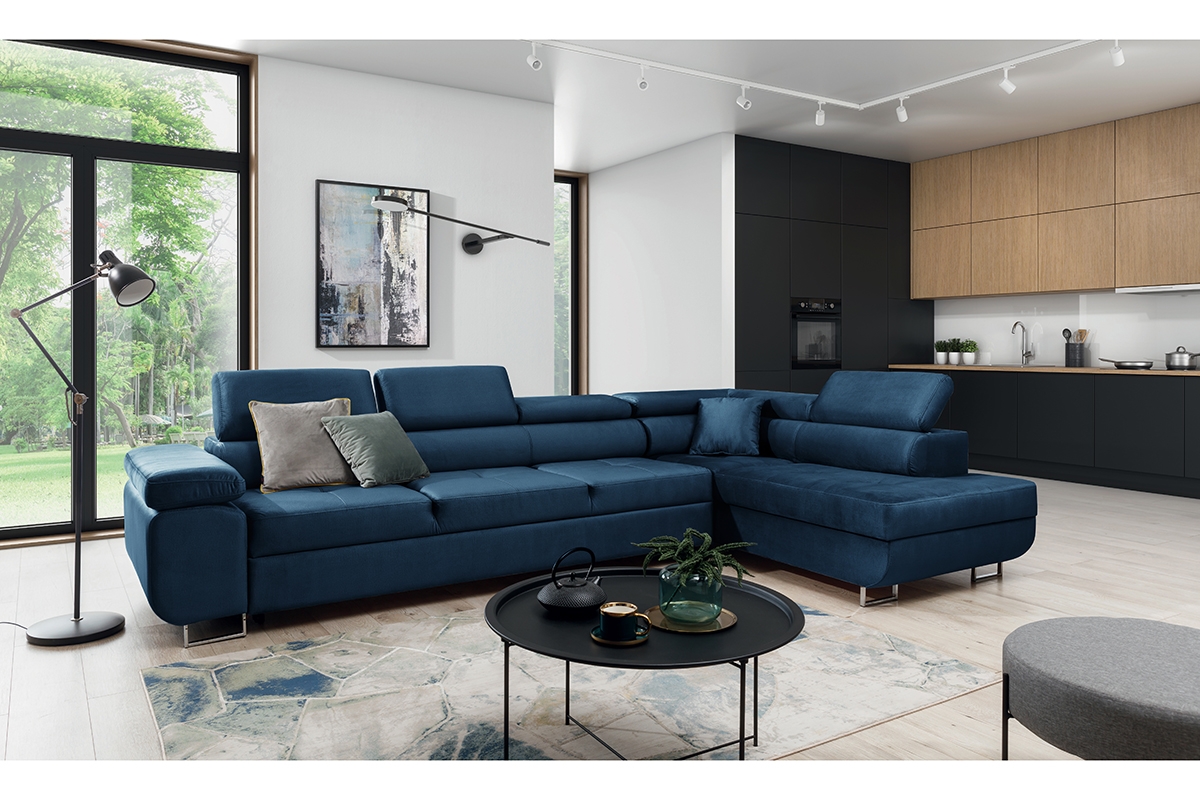 Rozkladacia rohová sedačka Annabelle Maxi pravá - tmavomodrý Monolith 77 / chrómové nožičky Rohová sedacia súprava Annabelle Maxi