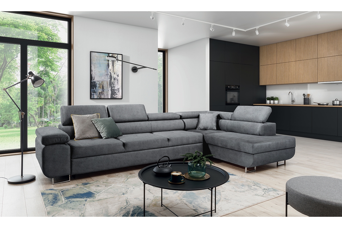 Rozkladacia rohová sedačka Annabelle Maxi pravá - grafitový ľahkočistiaci zamat Zetta 304 / chrómové nožičky Rohová sedacia súprava Annabelle Maxi Aranzacja