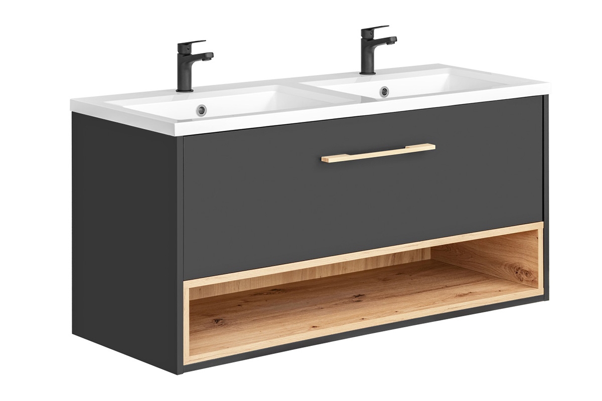 Moderní koupelnová sestava Borneo se závěsným nábytkem a dvojitým umyvadlem - šedý Cosmos / dub artisan Skříňka závěsná s umývadlem Borneo 854 - šedý Cosmos / Dub Artisan
