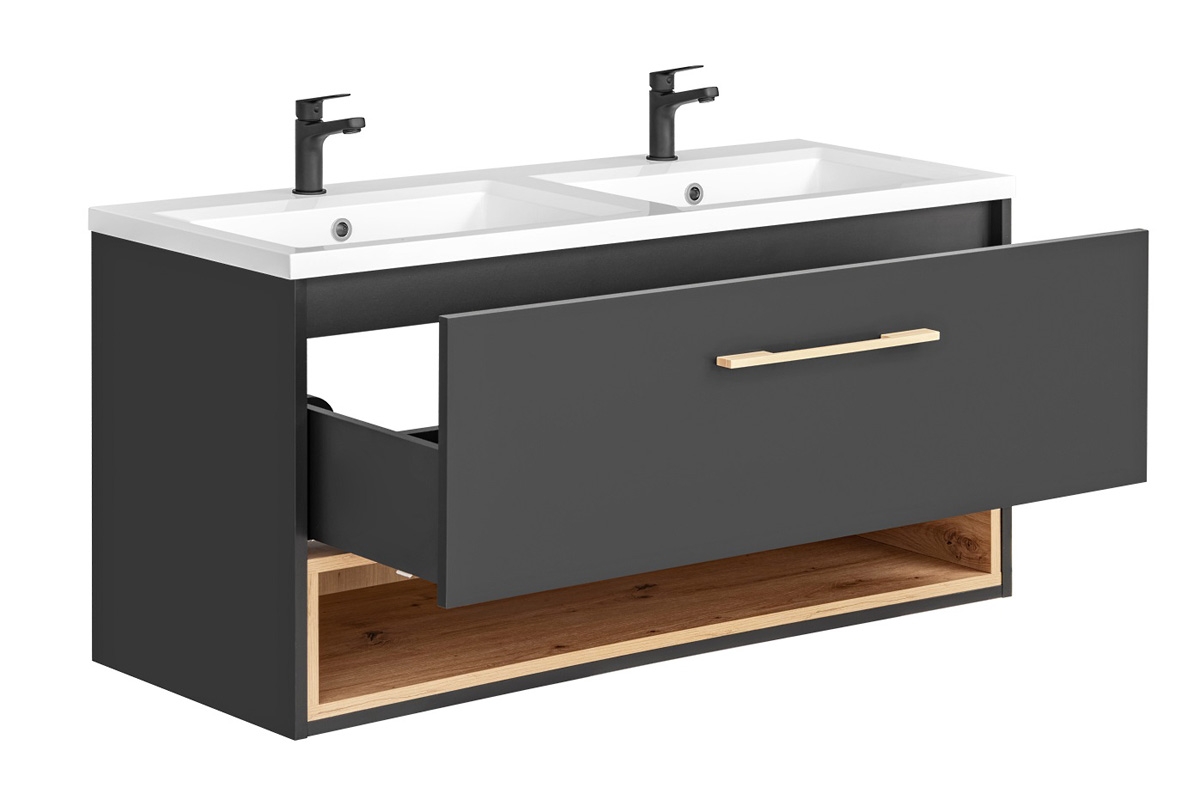 Moderní koupelnová sestava Borneo se závěsným nábytkem a dvojitým umyvadlem - šedý Cosmos / dub artisan Skříňka závěsná s umývadlem Borneo 854