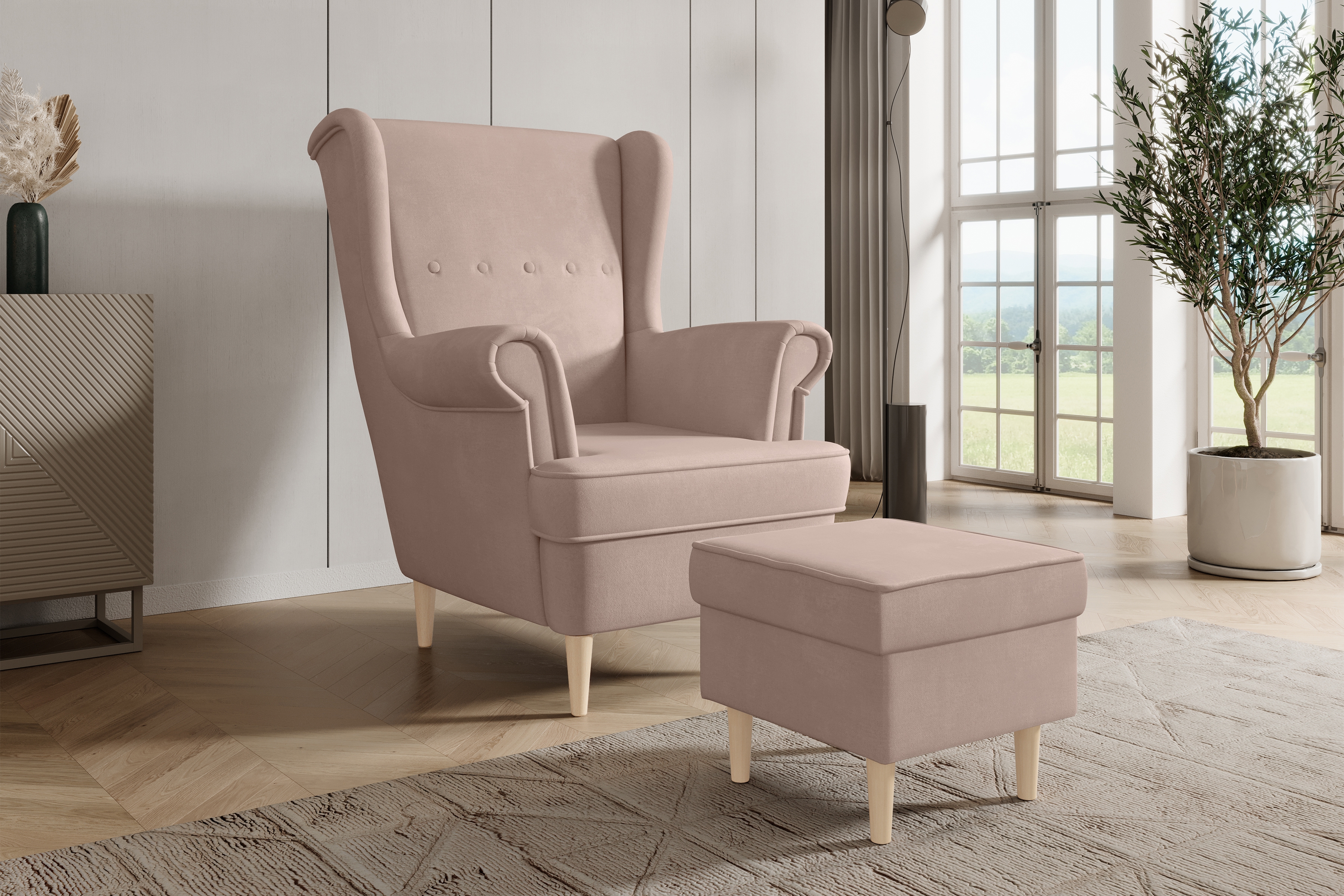 Podnožka k ušáku Vilano - růžová Matt Velvet 61 Podnožka do fotela Ušák Vilano - Růžová samet hydrofobní  Matt Velvet 61 / Nohy buk 