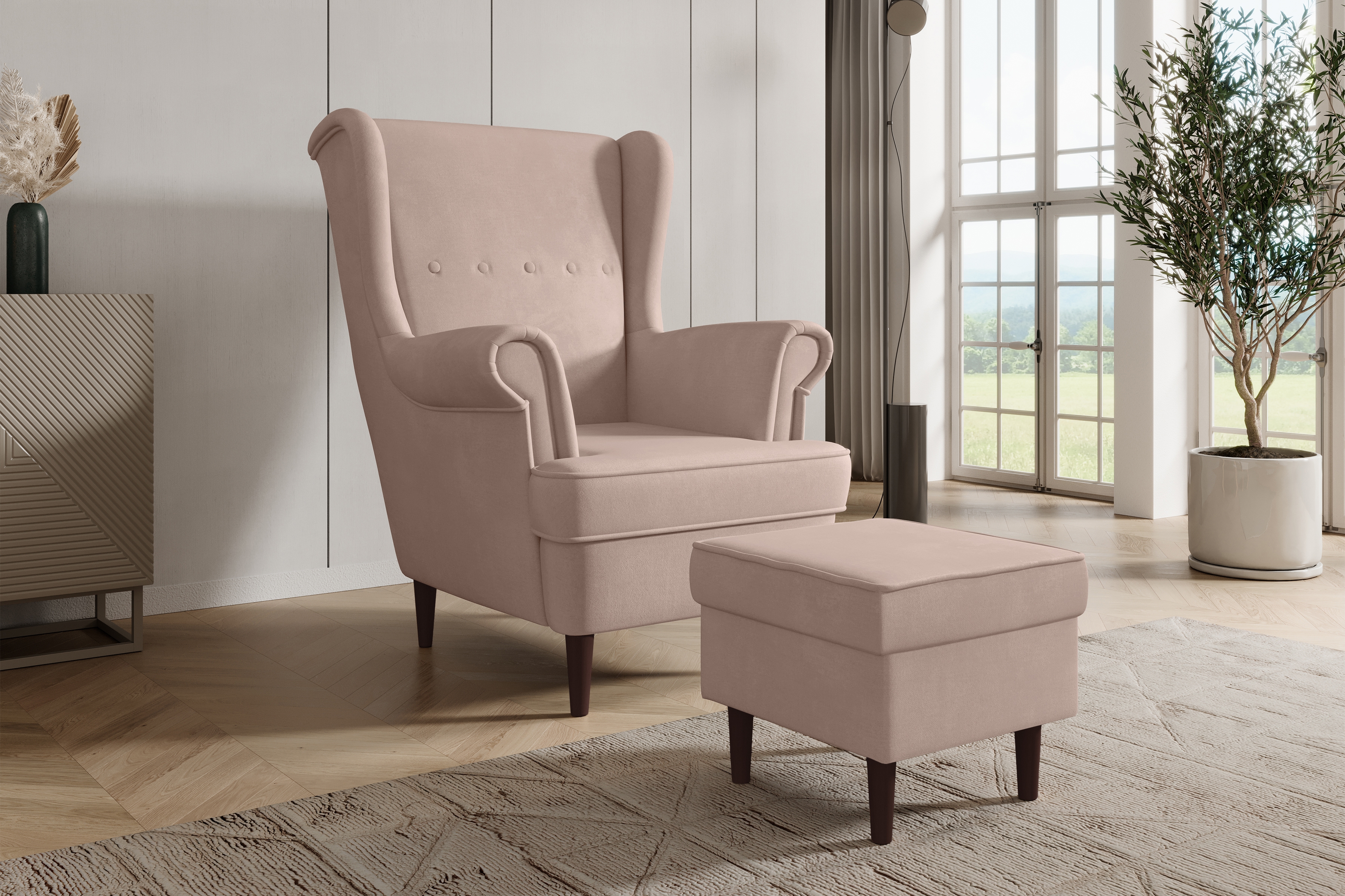 Podnožka křesla ušák Vilano - růžový hydrofobní samet Matt Velvet 61 / nohy venge Podnožka do fotela Ušák Vilano - Růžová samet hydrofobní  Matt Velvet 61 / Nohy Venge 