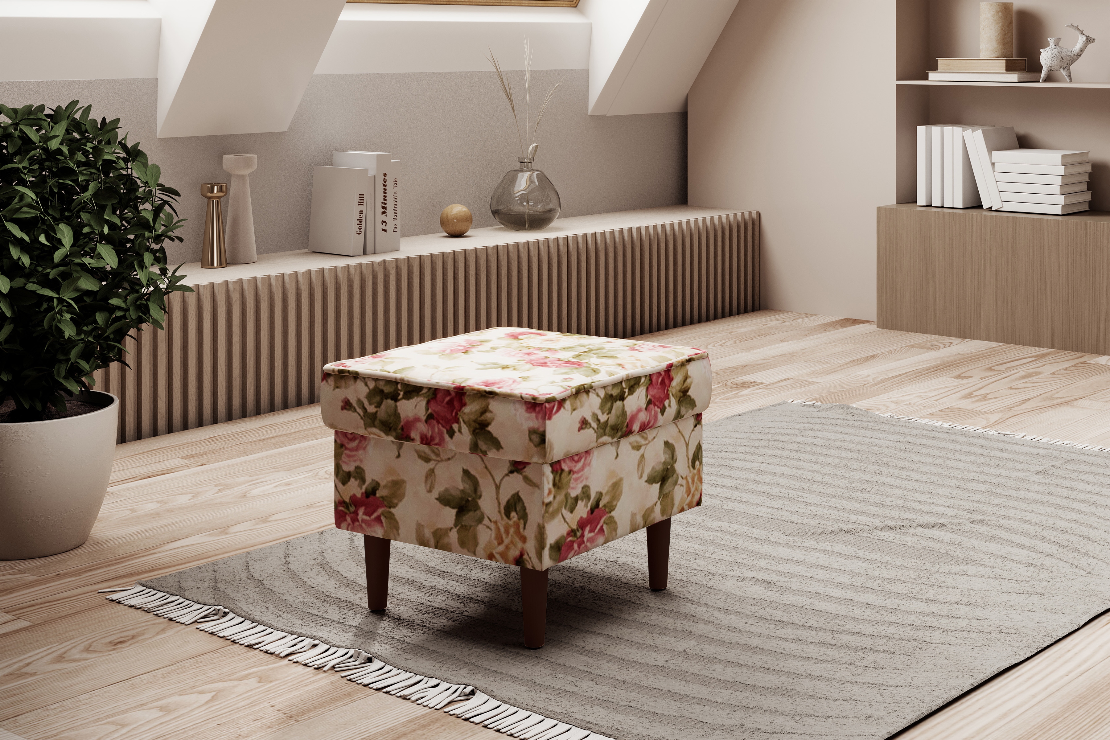 Podnožka křesla ušák Vilano - květinový vzor Coral WM 82 / nohy venge Podnožka do fotela Ušák Vilano - potahová látka drukowana w kwiaty Coral WM 82 / Nohy wenge