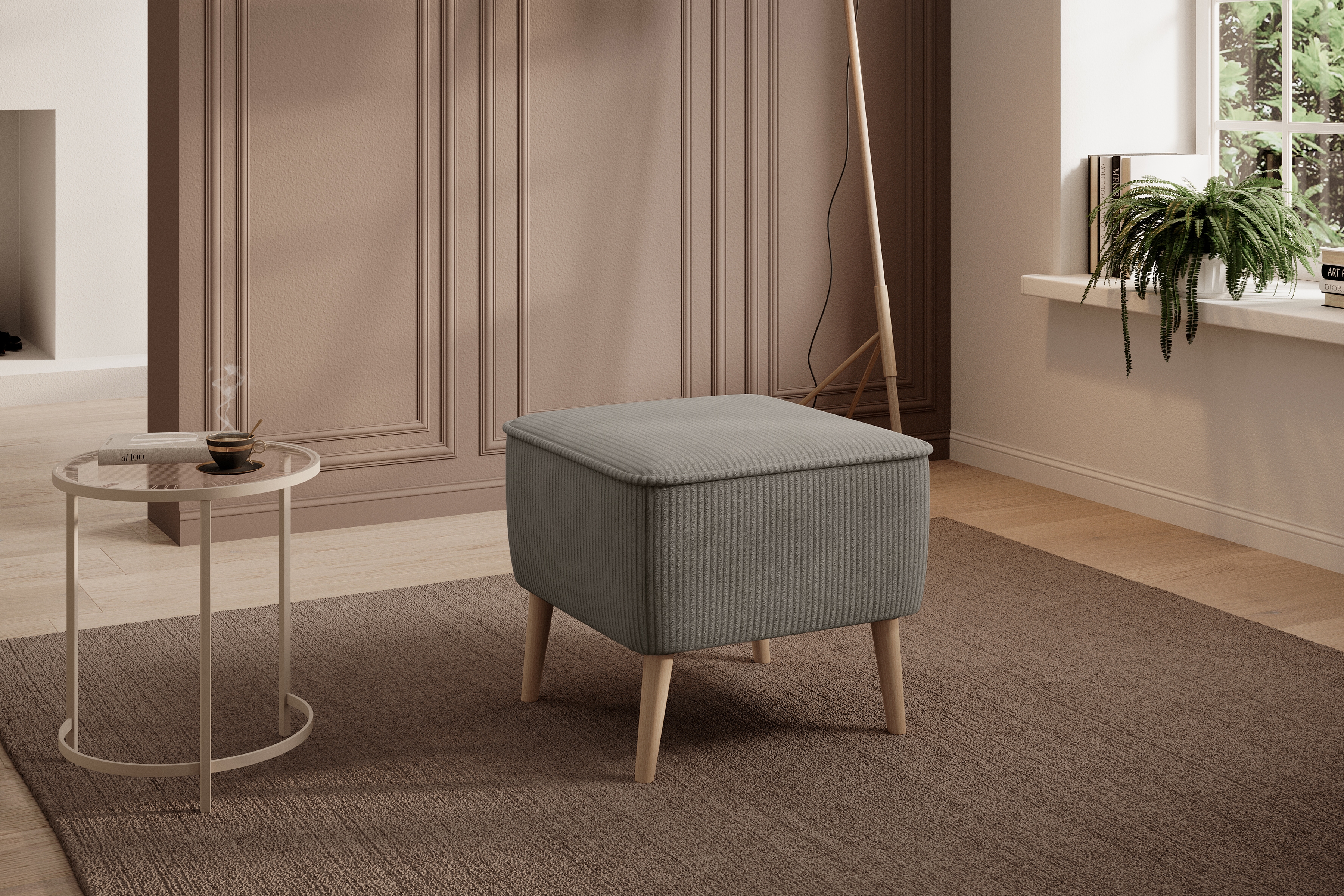 Podnožka čalouněná Dylian - béžový manšestr Poso 02 / nohy buk Podnožka čalouněná Dylian - béžová manšestr Poso 02 / Nohy buk