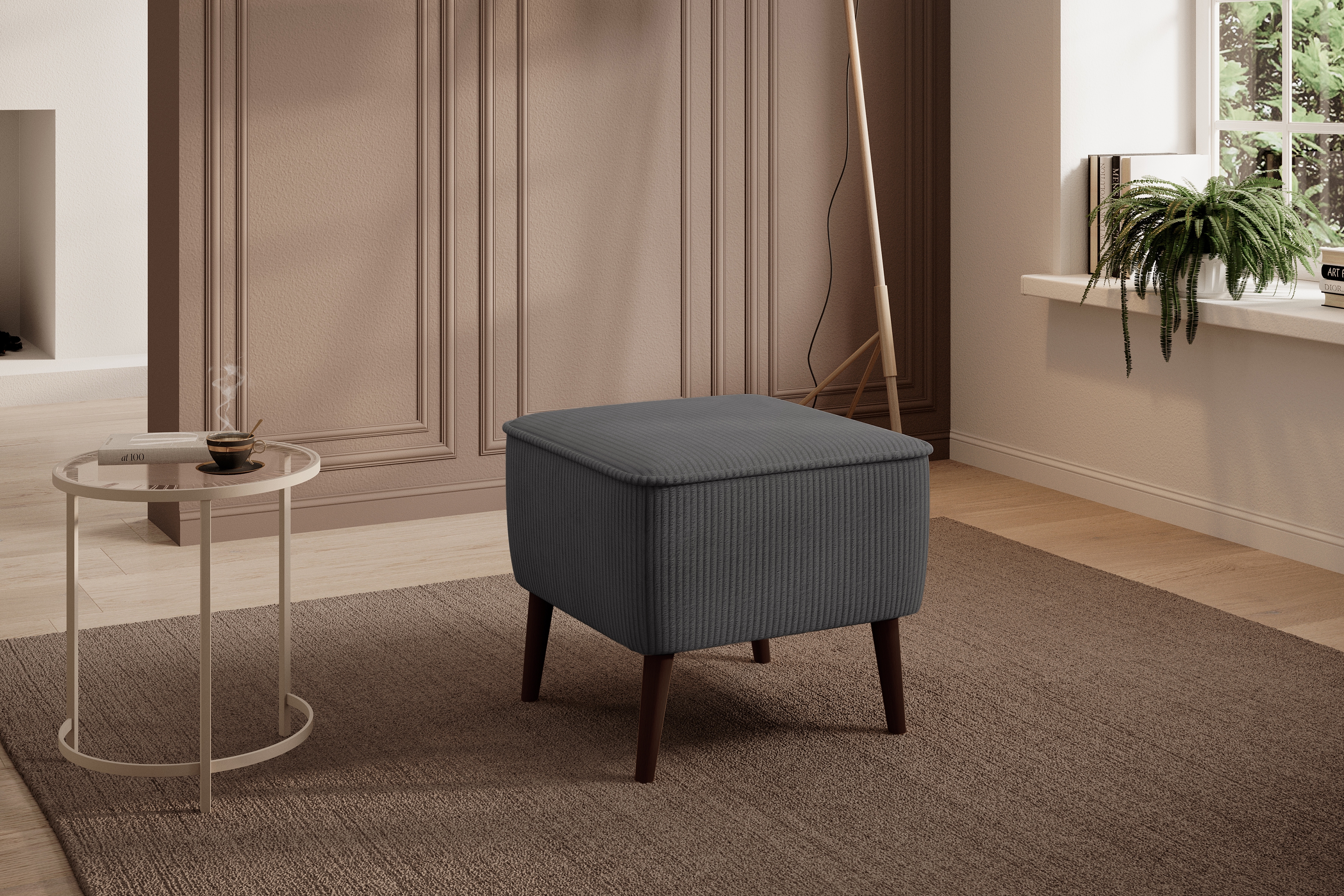 Podnožka čalouněná Dylian - šedý manšestr Poso 22 / nohy venge Podnožka čalouněná Dylian - šedá manšestr Poso 22 / Nohy wenge