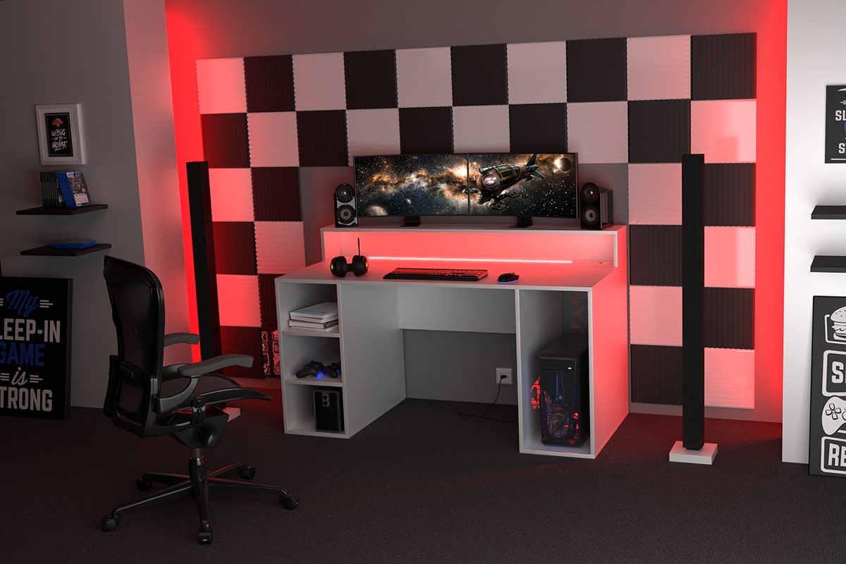 PC stôl Demin s policami i tasma LED - biely Písací stôl gamingowe Demin z policami i tasma LED - Biely 