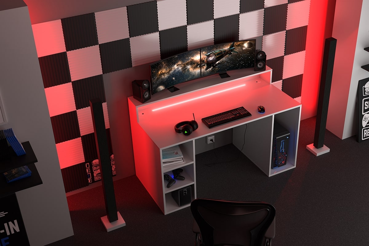 PC stôl Demin s policami i tasma LED - biely Písací stôl gamingowe Demin z policami i tasma LED - Biely 