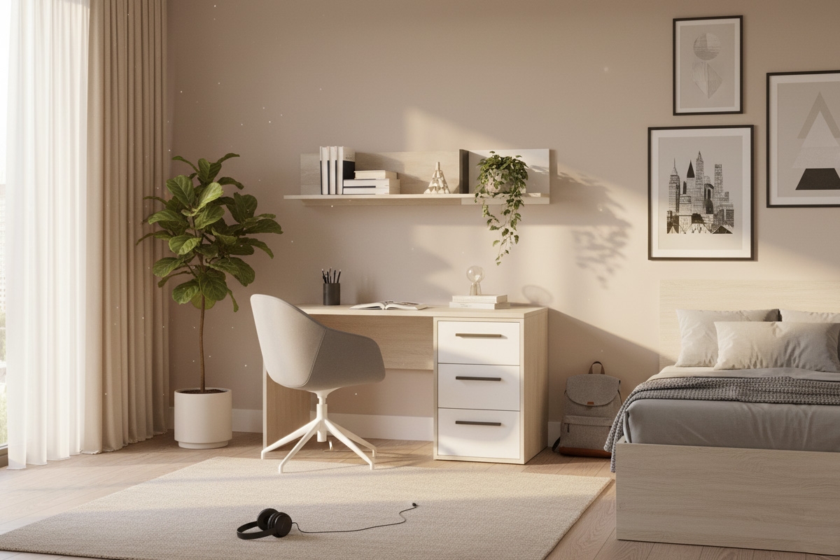 Závesná polica Lumo 13 120 cm do študentskej izby - dub wilton biely / biely lux / antracit Polica závesná Lumo 13 120 cm do izby mlodziezowego - Dub wilton biela / biela lux / Antracytová