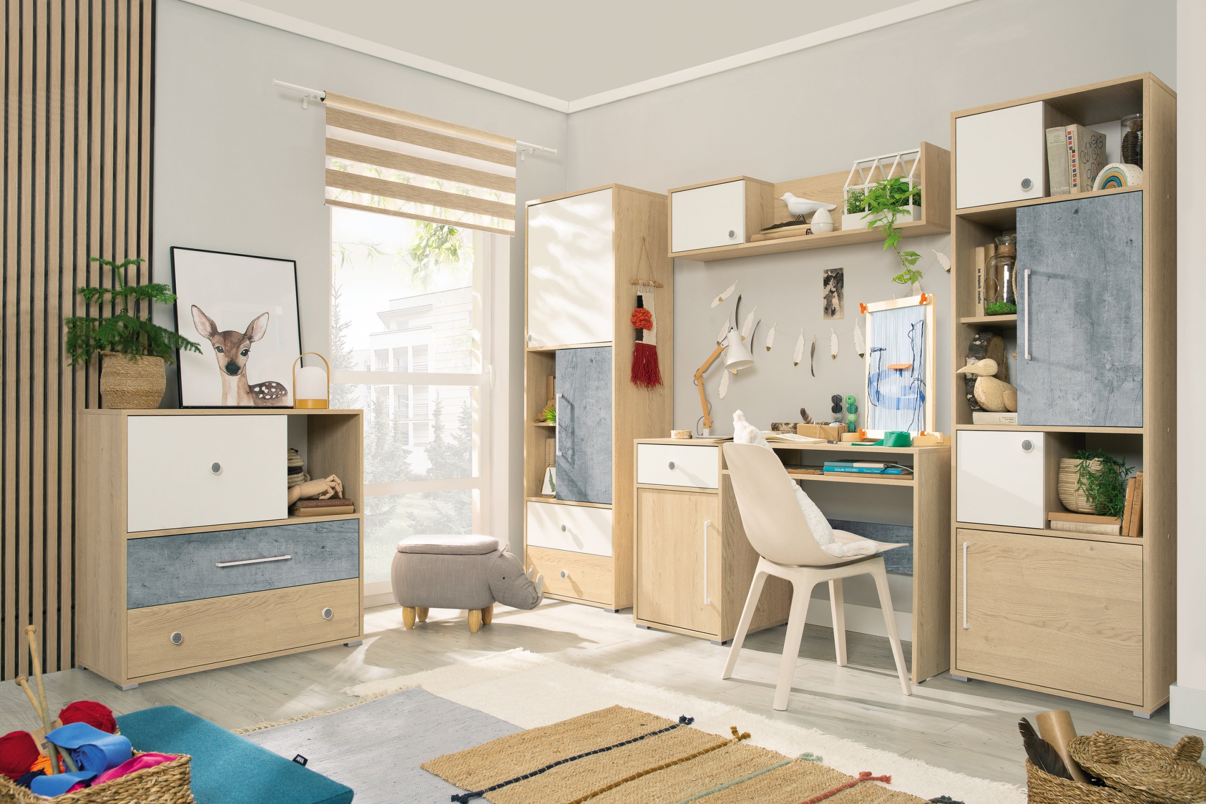 Závěsná police Step ST10 120 cm - dub piškotový / bílá / beton police závěsná Step ST10 120 cm pro pokoje mlodziezowego - dub biszkoptowy / bílá lux / beton